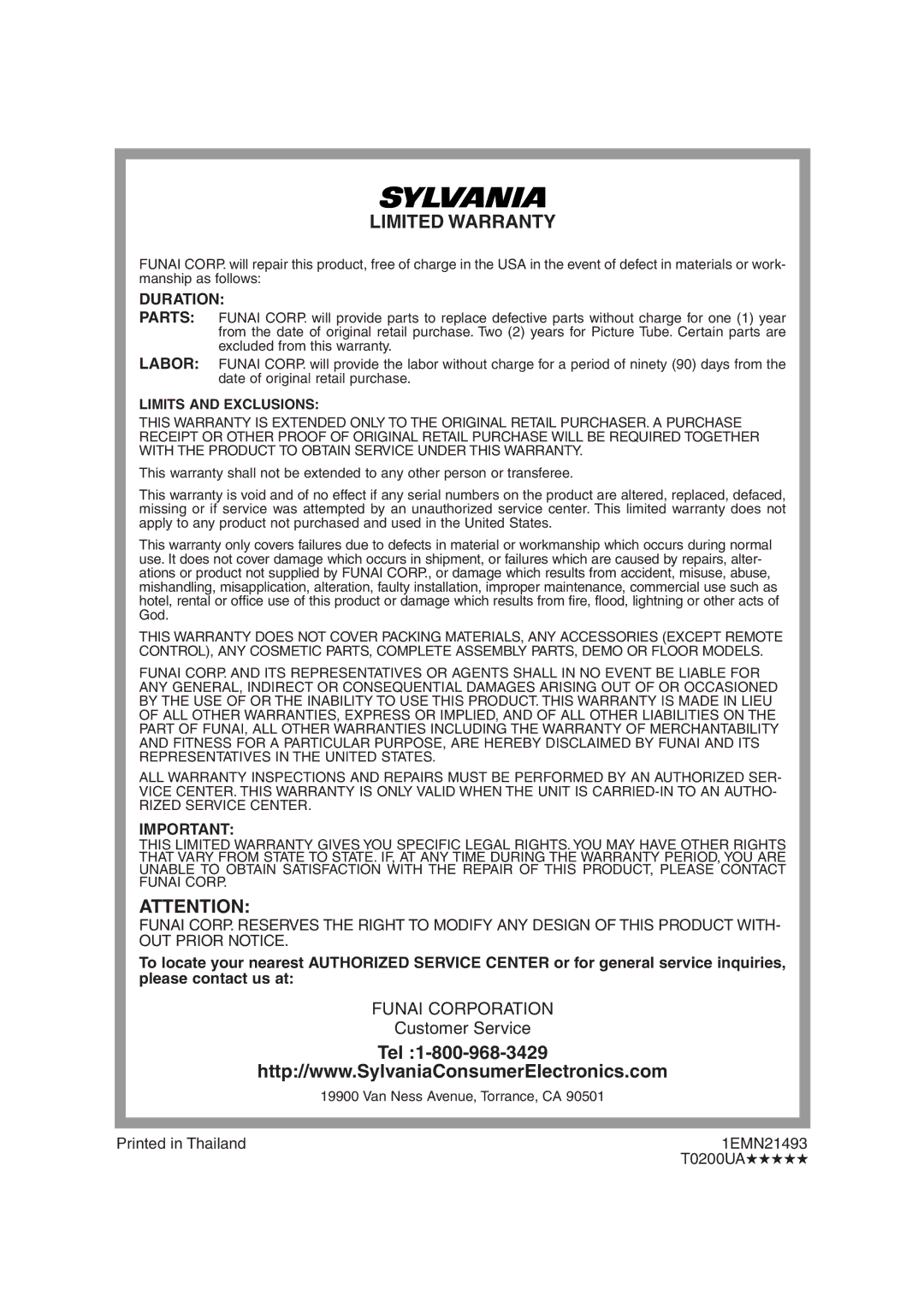 Sylvania 6719DG owner manual Limited Warranty, Duration, Limits and Exclusions, Van Ness Avenue, Torrance, CA 