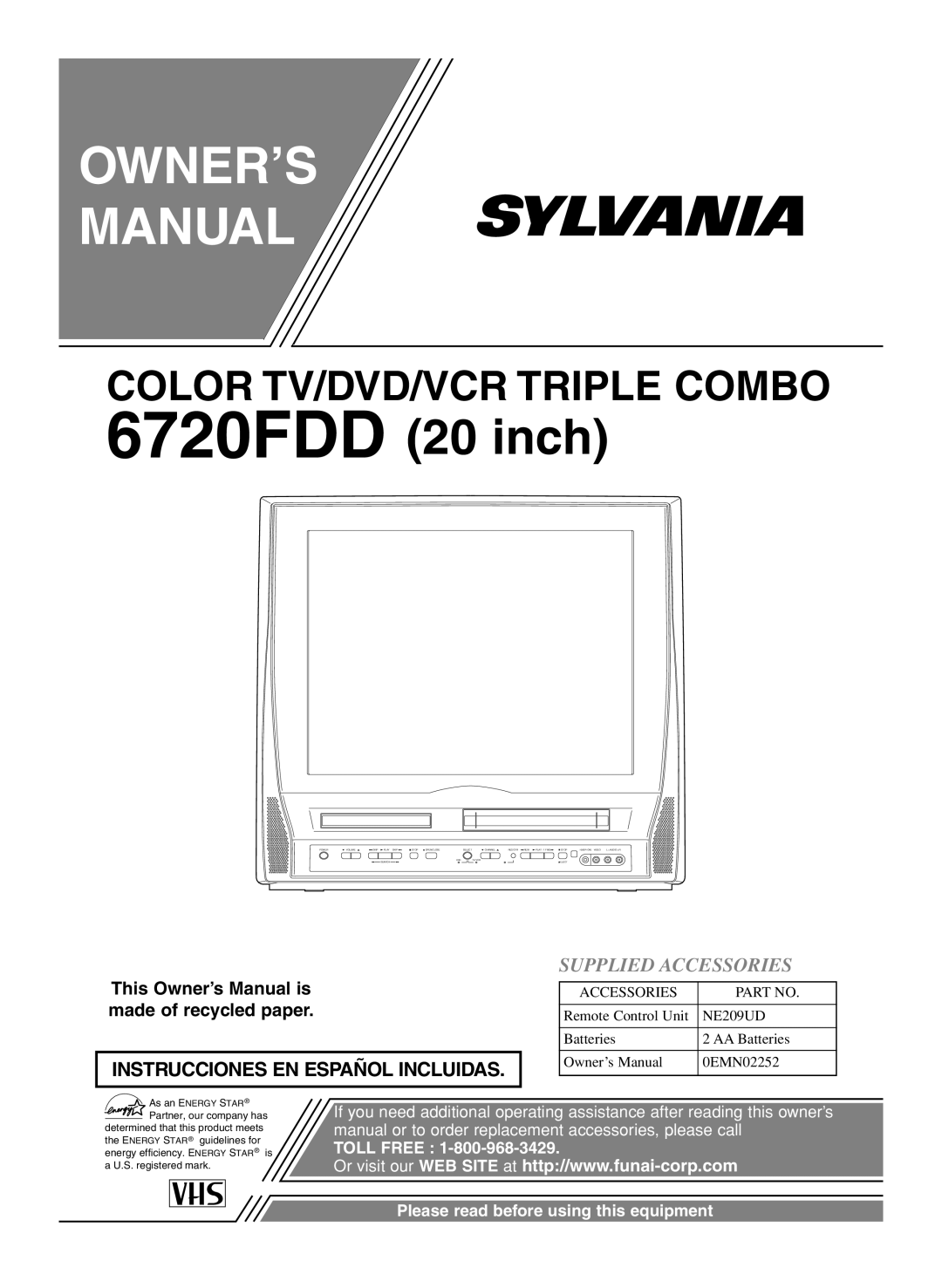 Sylvania 6720FDD owner manual OWNER’S Manual, Supplied Accessories 