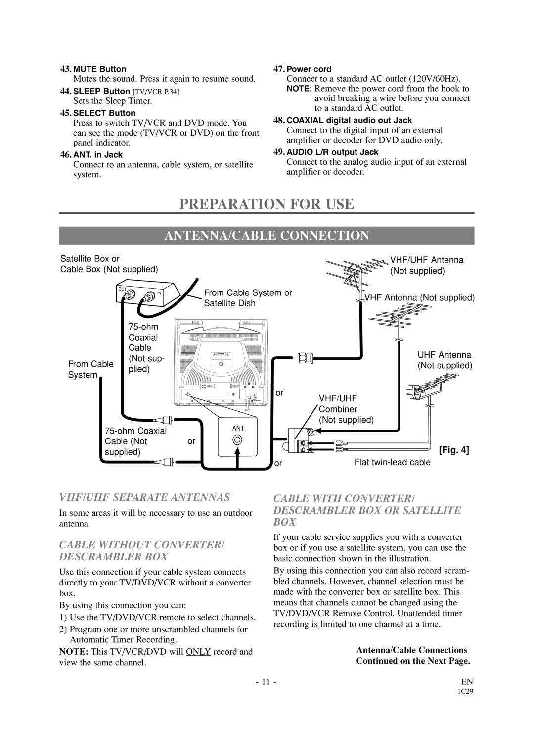 Sylvania 6720FDD owner manual Preparation for USE, ANTENNA/CABLE Connection, VHF/UHF Separate Antennas 