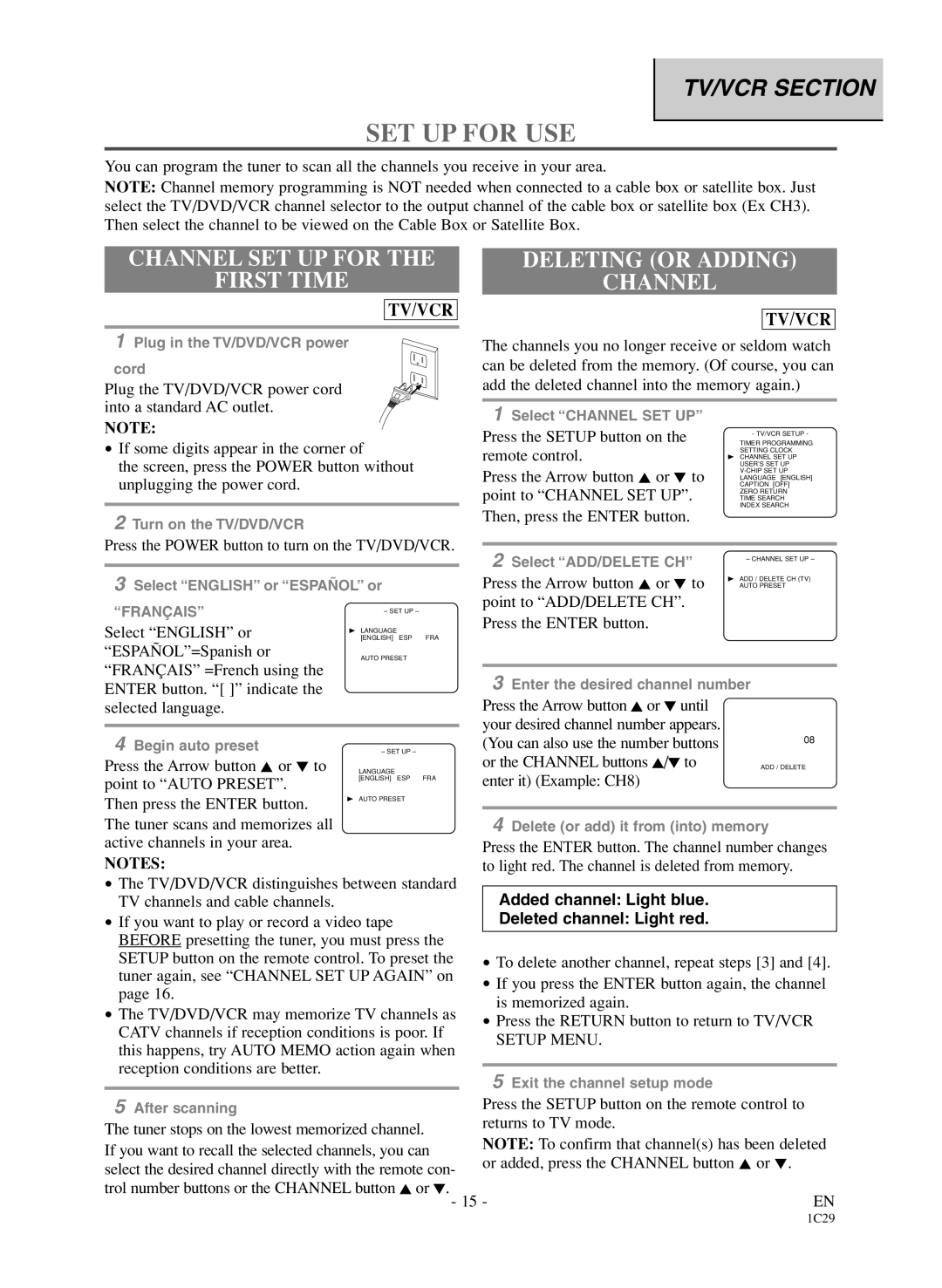 Sylvania 6720FDD owner manual SET UP for USE, Channel SET UP for First Time, Deleting or Adding Channel 