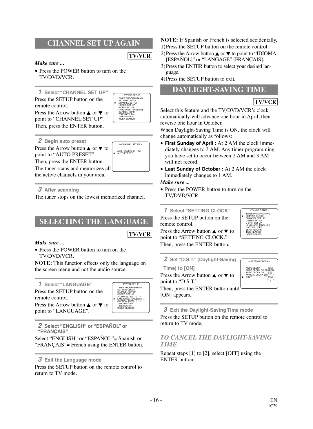 Sylvania 6720FDD owner manual Channel SET UP Again, Selecting the Language, To Cancel the DAYLIGHT-SAVING Time 