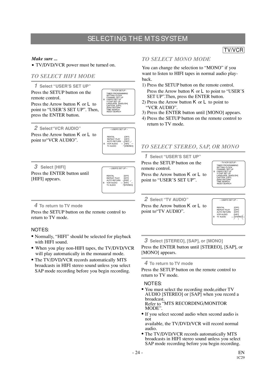 Sylvania 6720FDD Selecting the MTS System, To Select Hifi Mode, To Select Mono Mode, To Select STEREO, SAP, or Mono 