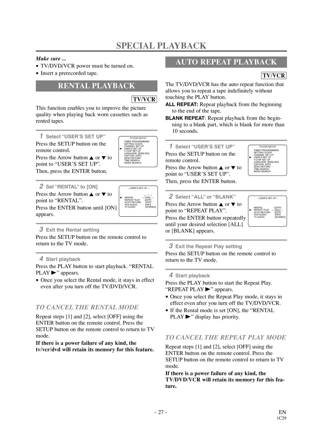 Sylvania 6720FDD owner manual Special Playback, Rental Playback, Auto Repeat Playback, To Cancel the Rental Mode 