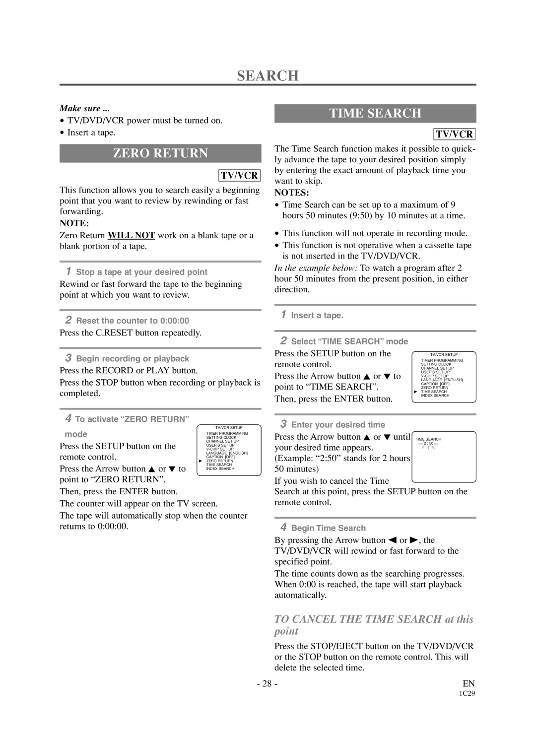 Sylvania 6720FDD owner manual Zero Return, Time Search 