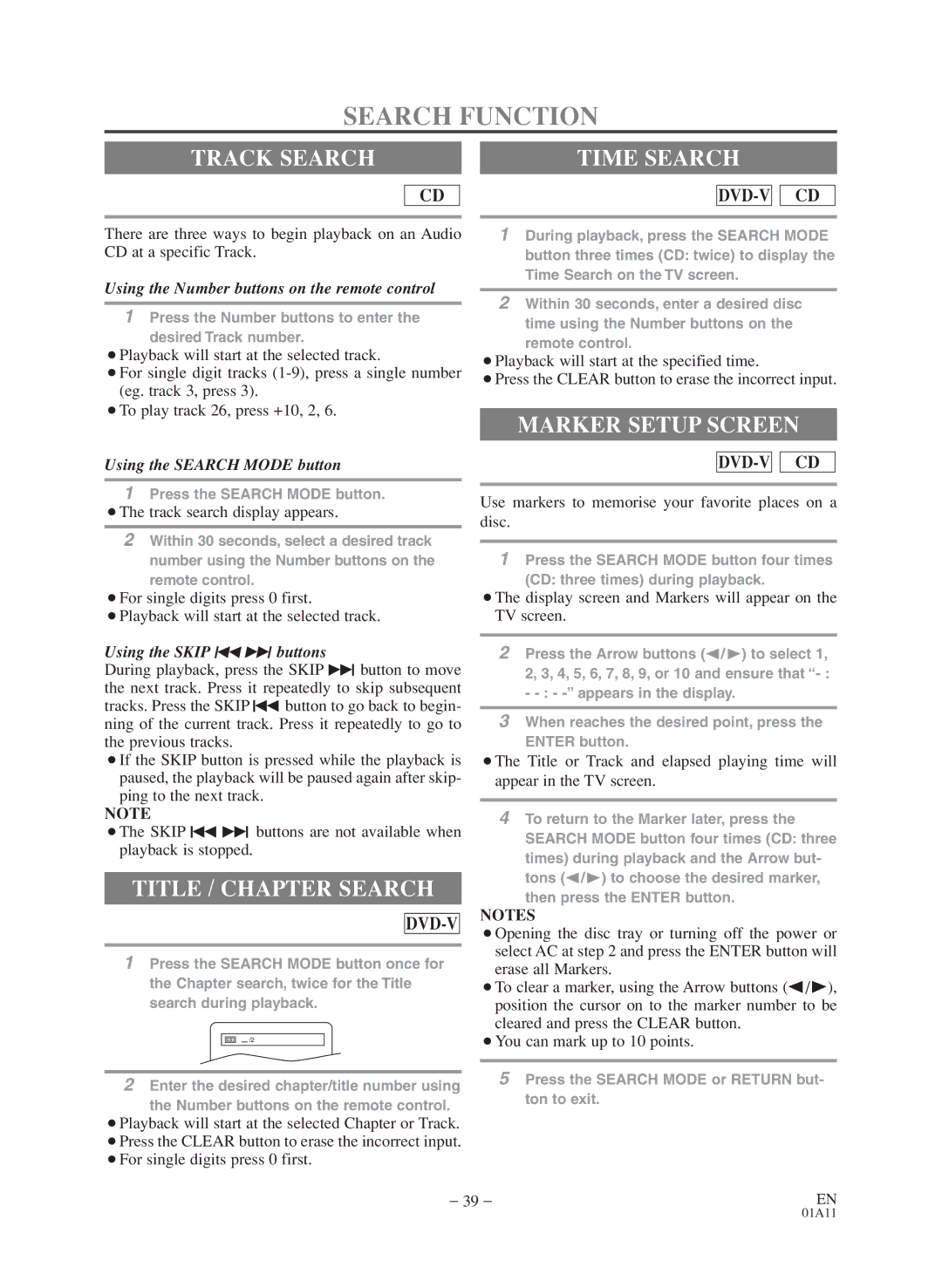 Sylvania 6720FDD owner manual Search Function, Track Search, Title / Chapter Search, Marker Setup Screen 