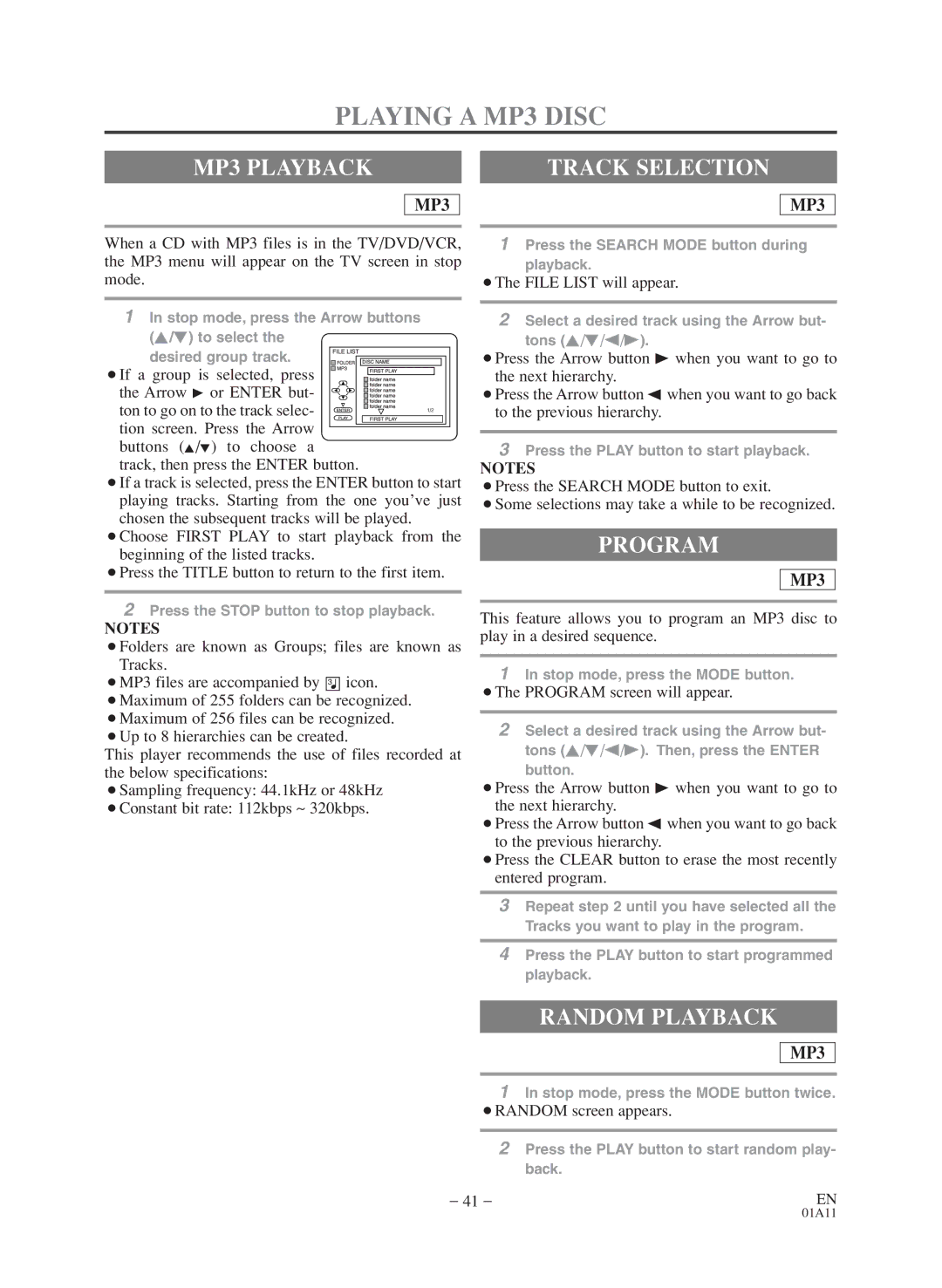 Sylvania 6720FDD owner manual Playing a MP3 Disc, MP3 Playback, Program, ¡The File List will appear 