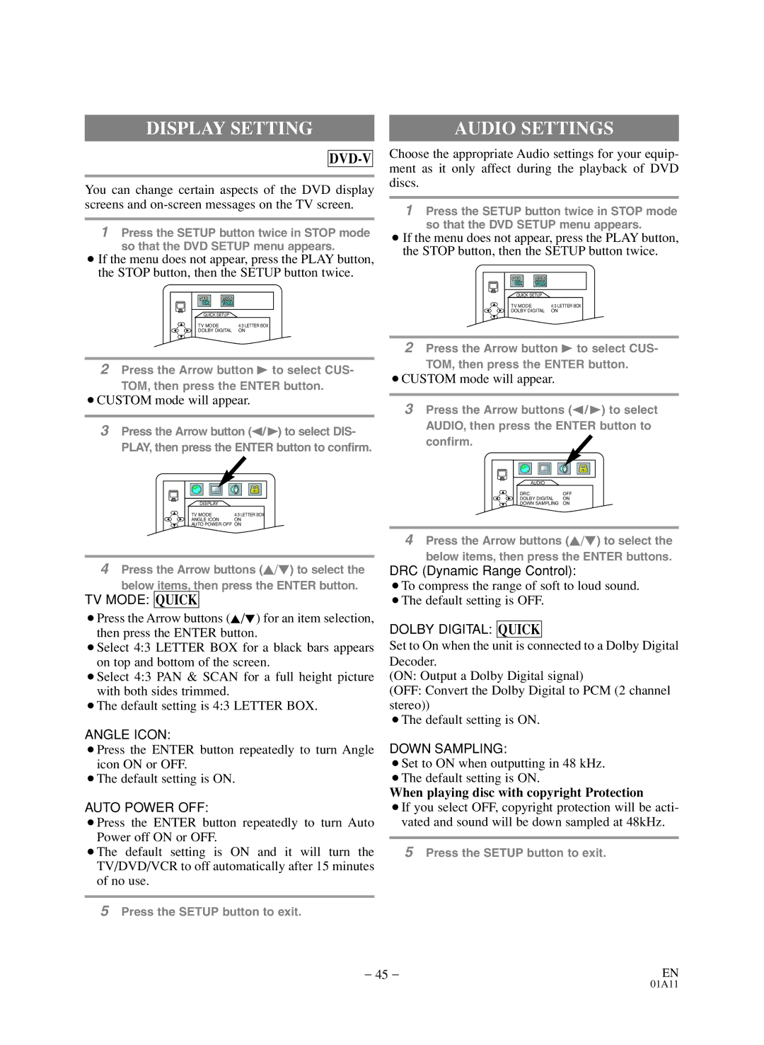 Sylvania 6720FDD owner manual Display Setting, Audio Settings, When playing disc with copyright Protection 