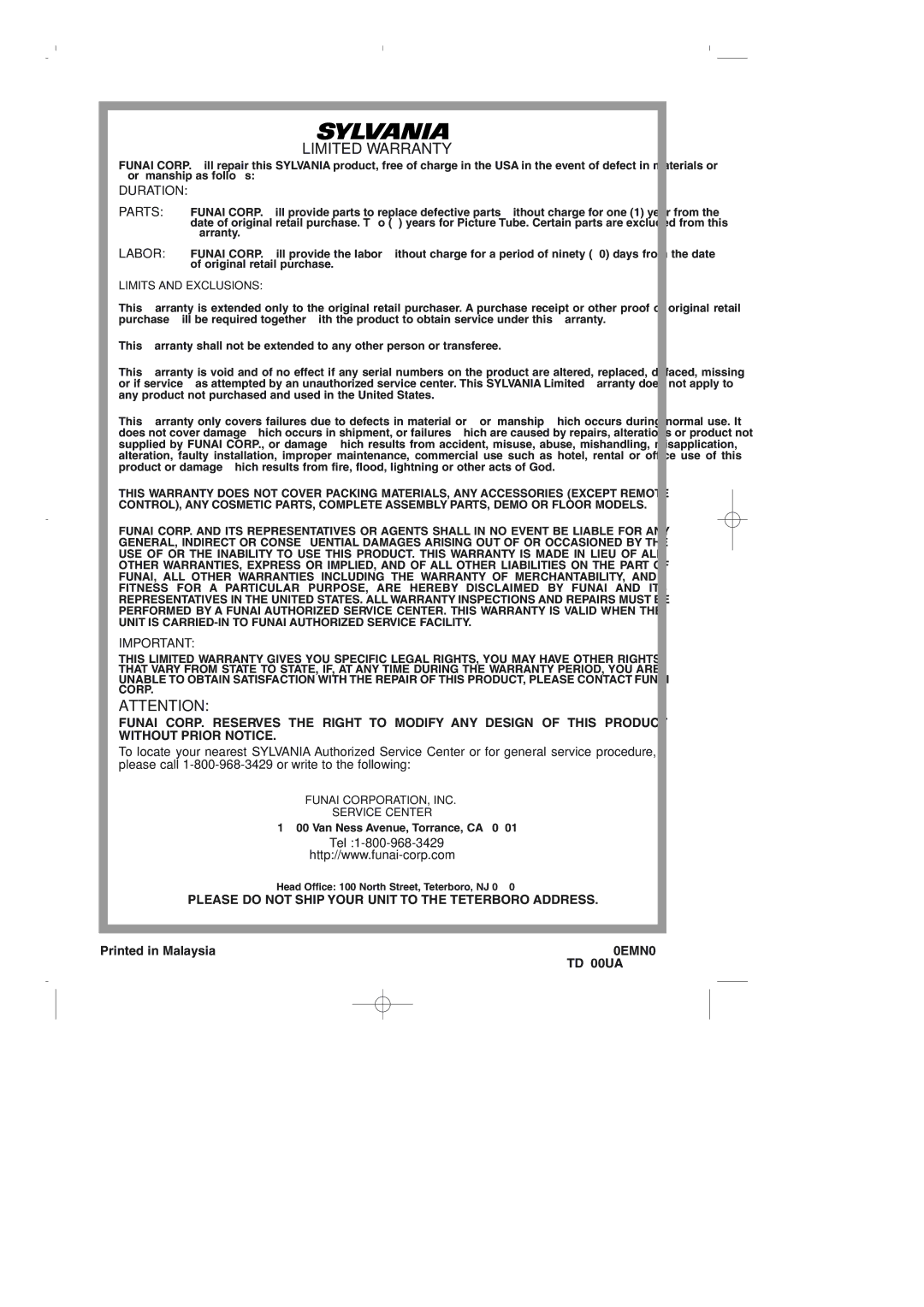 Sylvania 6720FDD owner manual Limited Warranty 