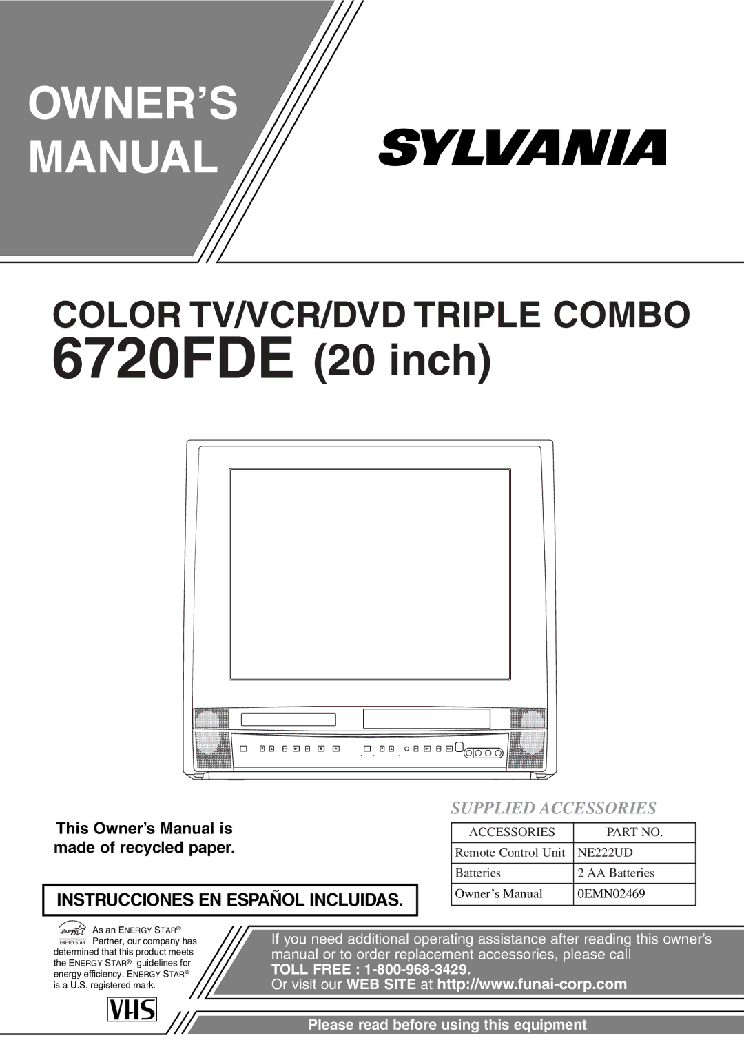 Sylvania 6720FDE owner manual OWNER’S Manual, Supplied Accessories 