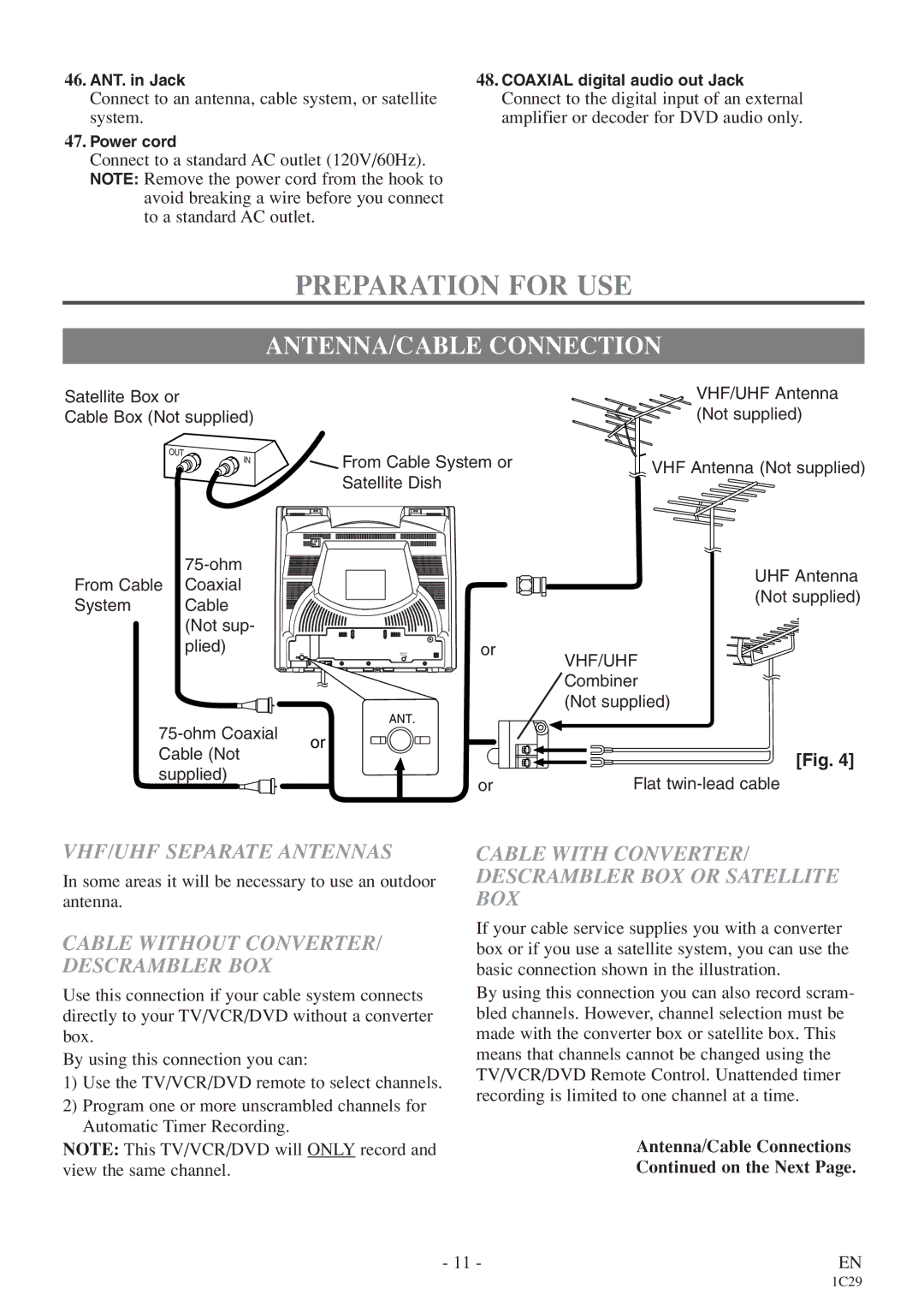 Sylvania 6720FDE owner manual Preparation for USE, ANTENNA/CABLE Connection, VHF/UHF Separate Antennas 