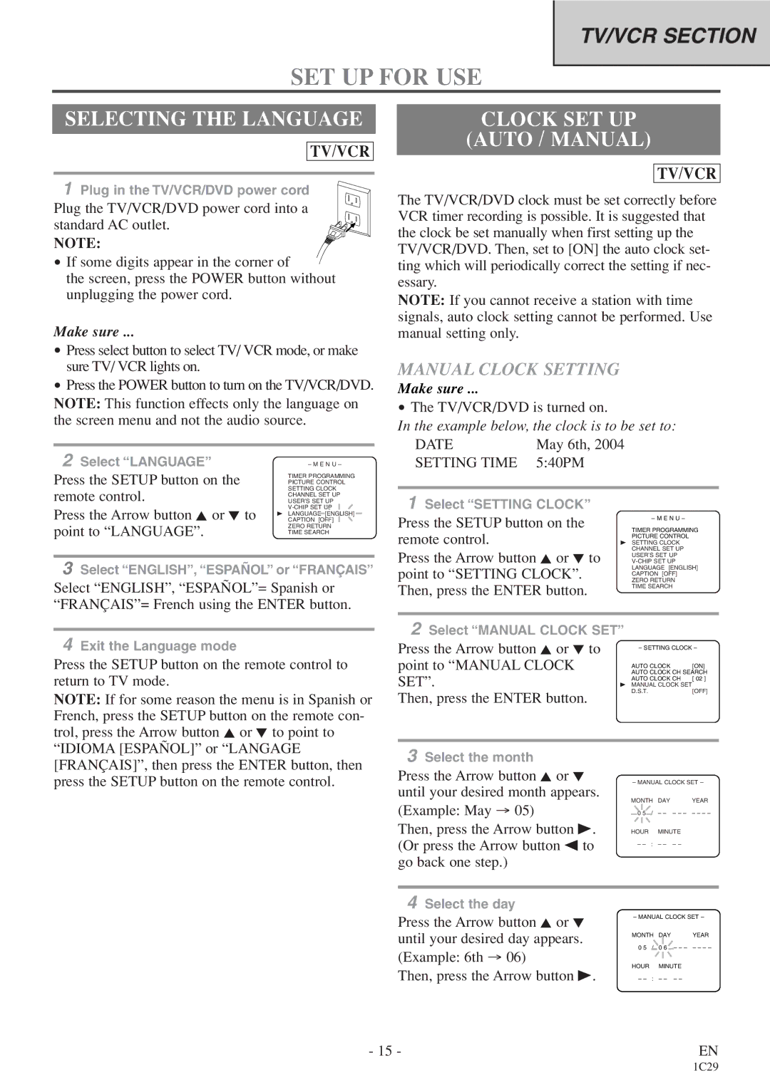 Sylvania 6720FDE owner manual SET UP for USE, Selecting the Language, Clock SET UP Auto / Manual, Manual Clock Setting 