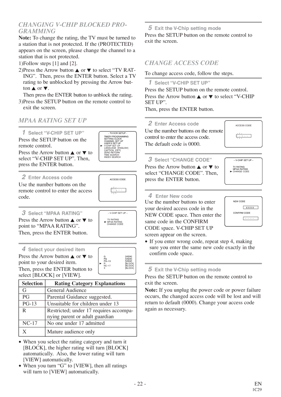 Sylvania 6720FDE owner manual Changing V-CHIP Blocked PRO- Gramming, Mpaa Rating SET UP, Change Access Code 