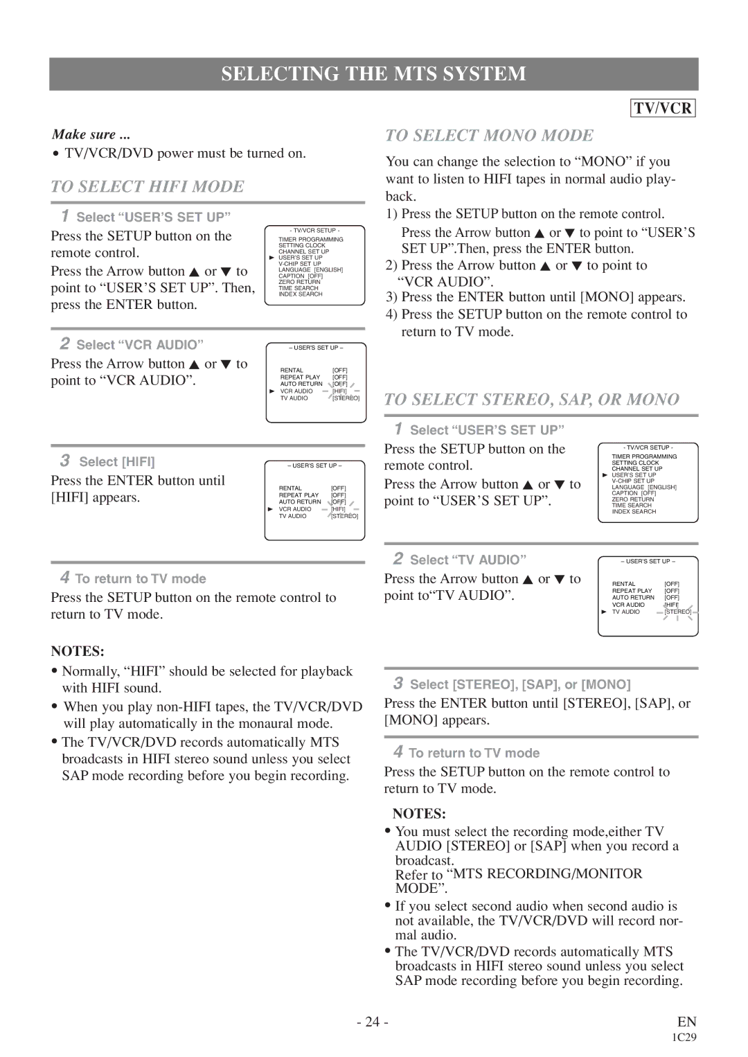 Sylvania 6720FDE Selecting the MTS System, To Select Hifi Mode, To Select Mono Mode, To Select STEREO, SAP, or Mono 