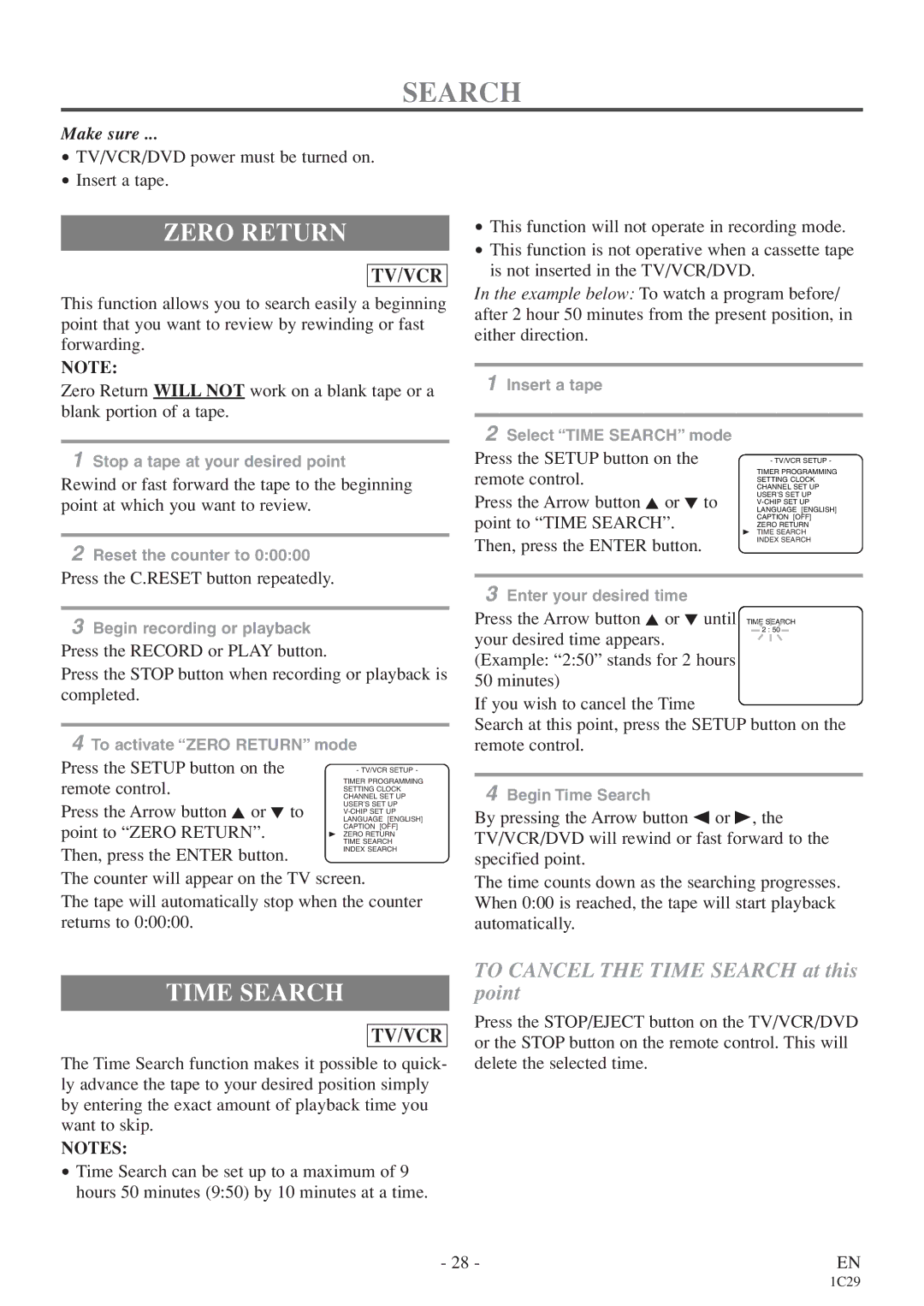 Sylvania 6720FDE owner manual Zero Return, Time Search 