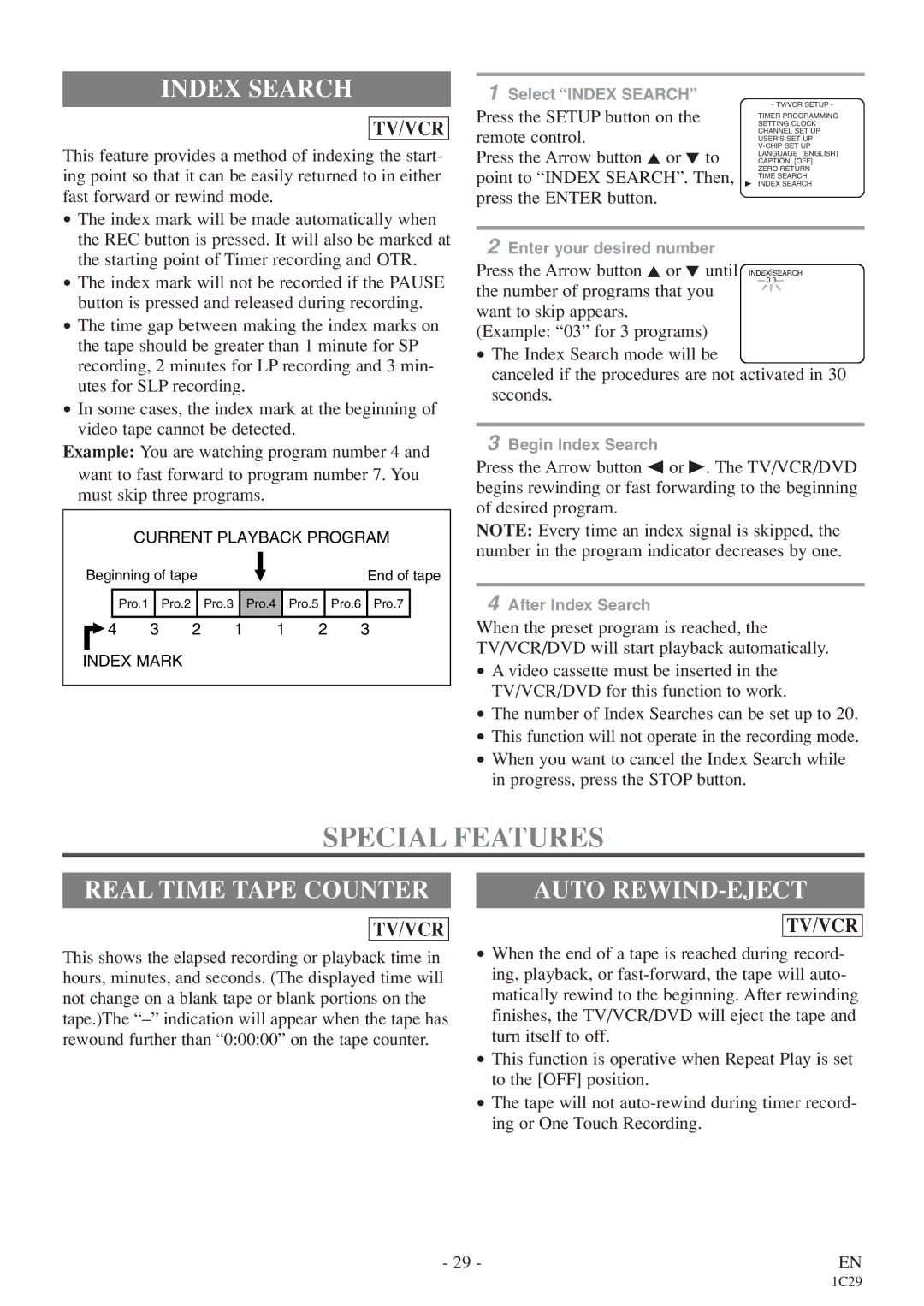 Sylvania 6720FDE owner manual Special Features, Index Search, Real Time Tape Counter, Auto REWIND-EJECT 