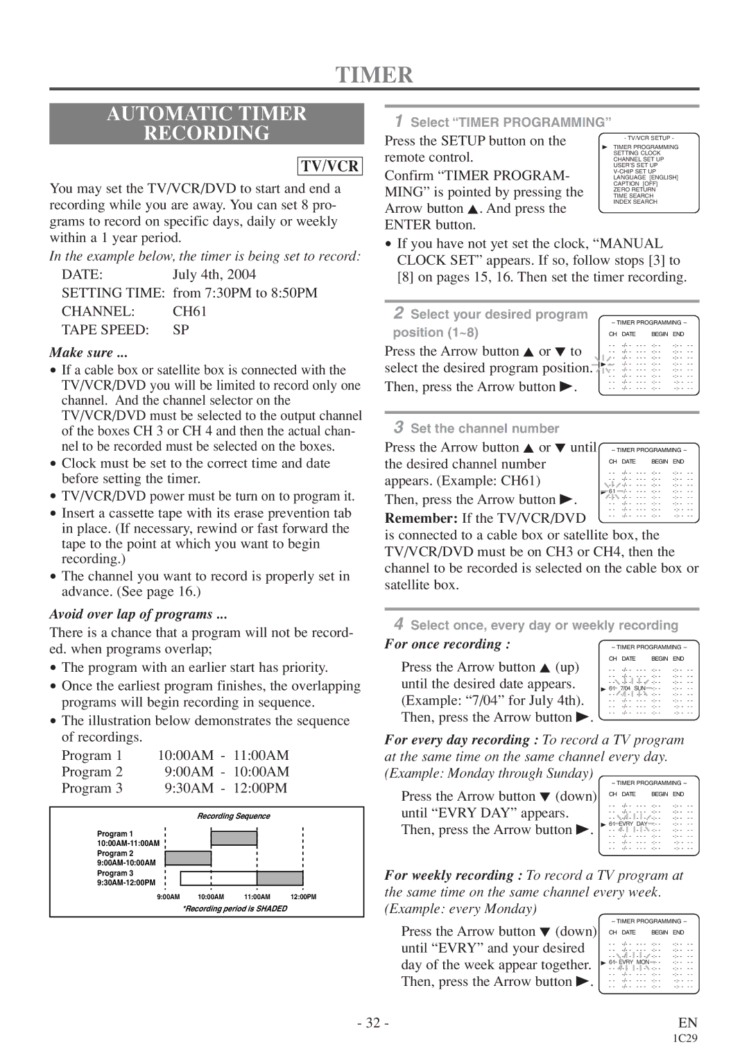 Sylvania 6720FDE owner manual Automatic Timer Recording, Channel CH61 Tape Speed SP 