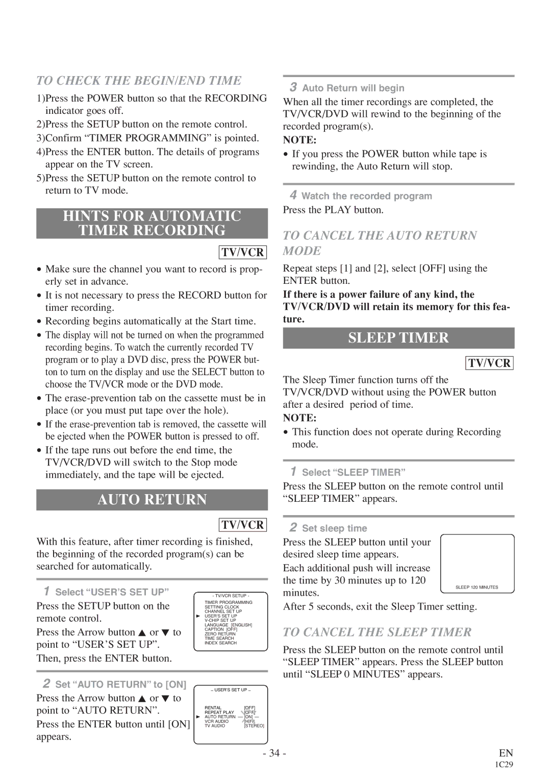 Sylvania 6720FDE owner manual Hints for Automatic Timer Recording, Auto Return, Sleep Timer 