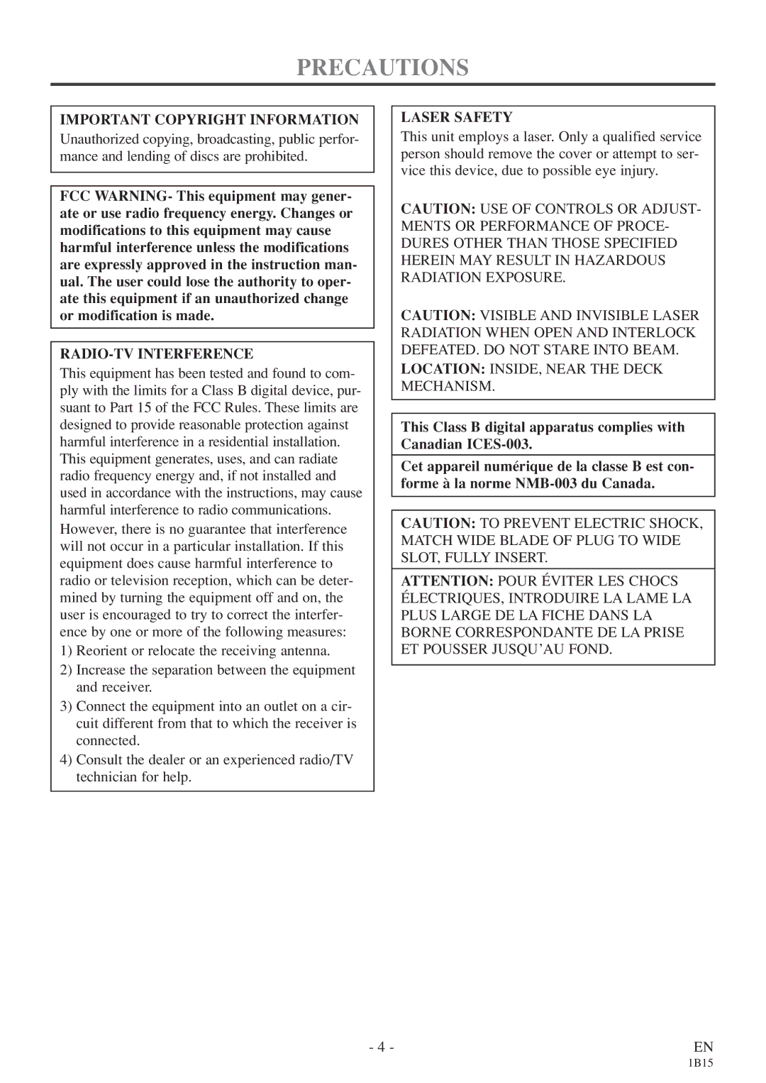 Sylvania 6720FDE owner manual Precautions, Important Copyright Information, RADIO-TV Interference, Laser Safety 