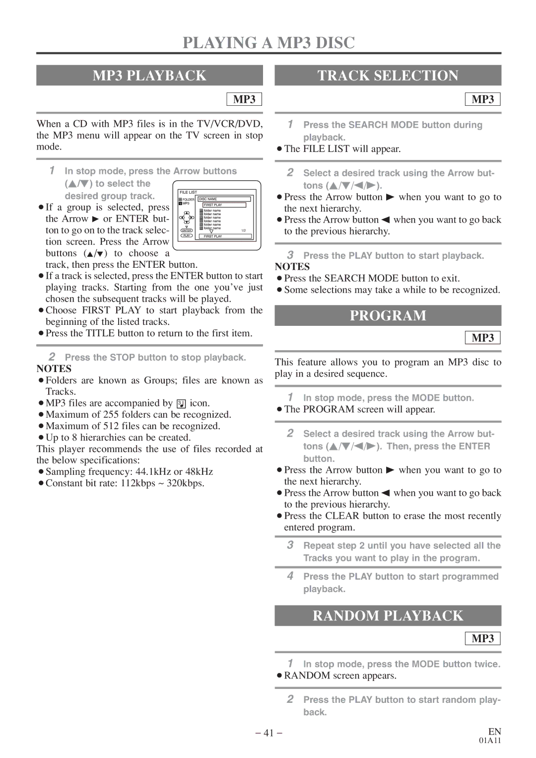 Sylvania 6720FDE owner manual Playing a MP3 Disc, MP3 Playback Track Selection, Program 