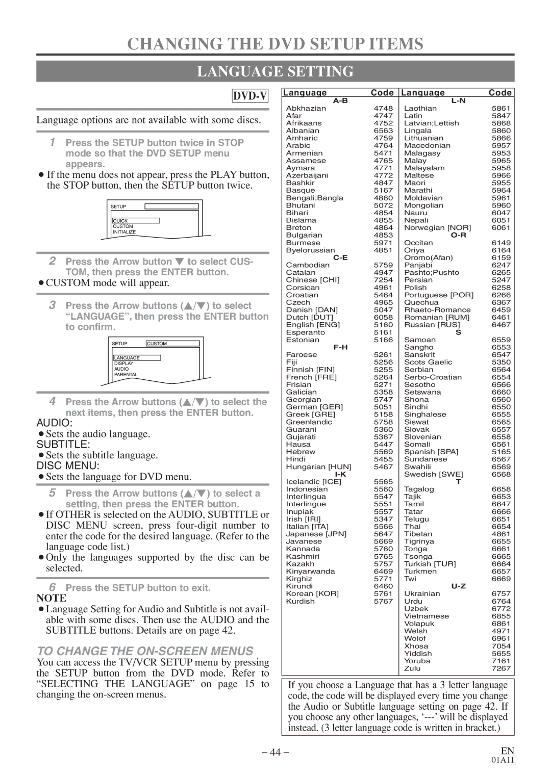 Sylvania 6720FDE owner manual Changing the DVD Setup Items, Language Setting 