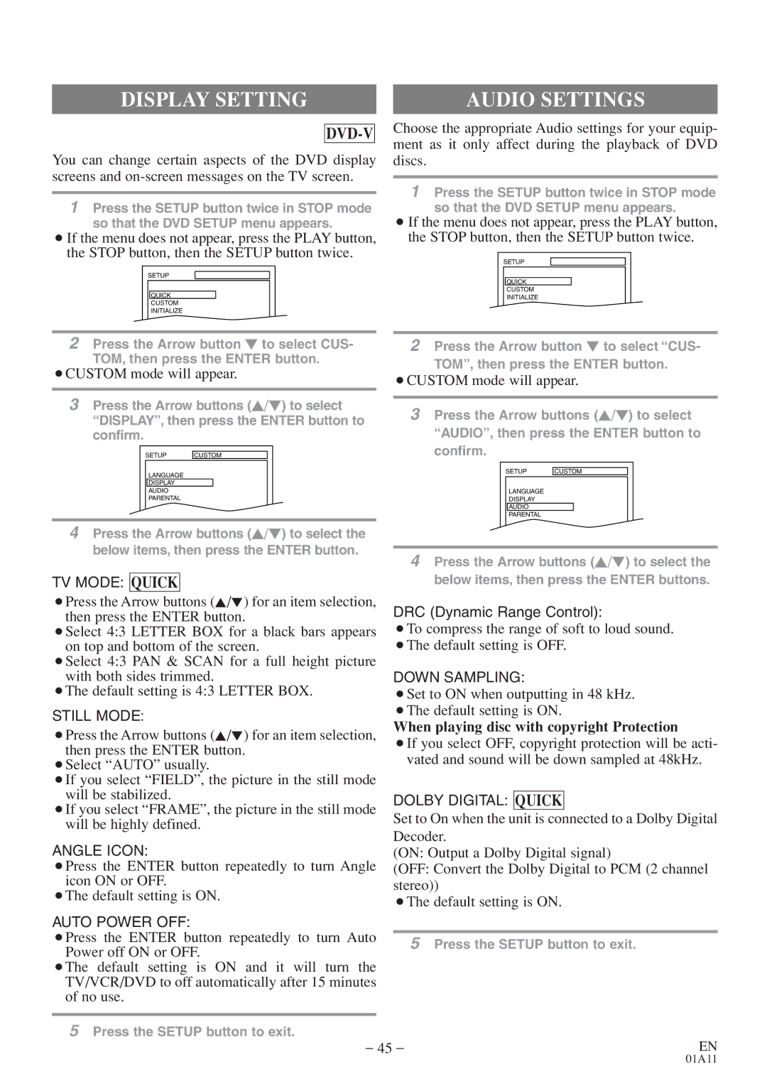 Sylvania 6720FDE owner manual Display Setting, Audio Settings, When playing disc with copyright Protection 