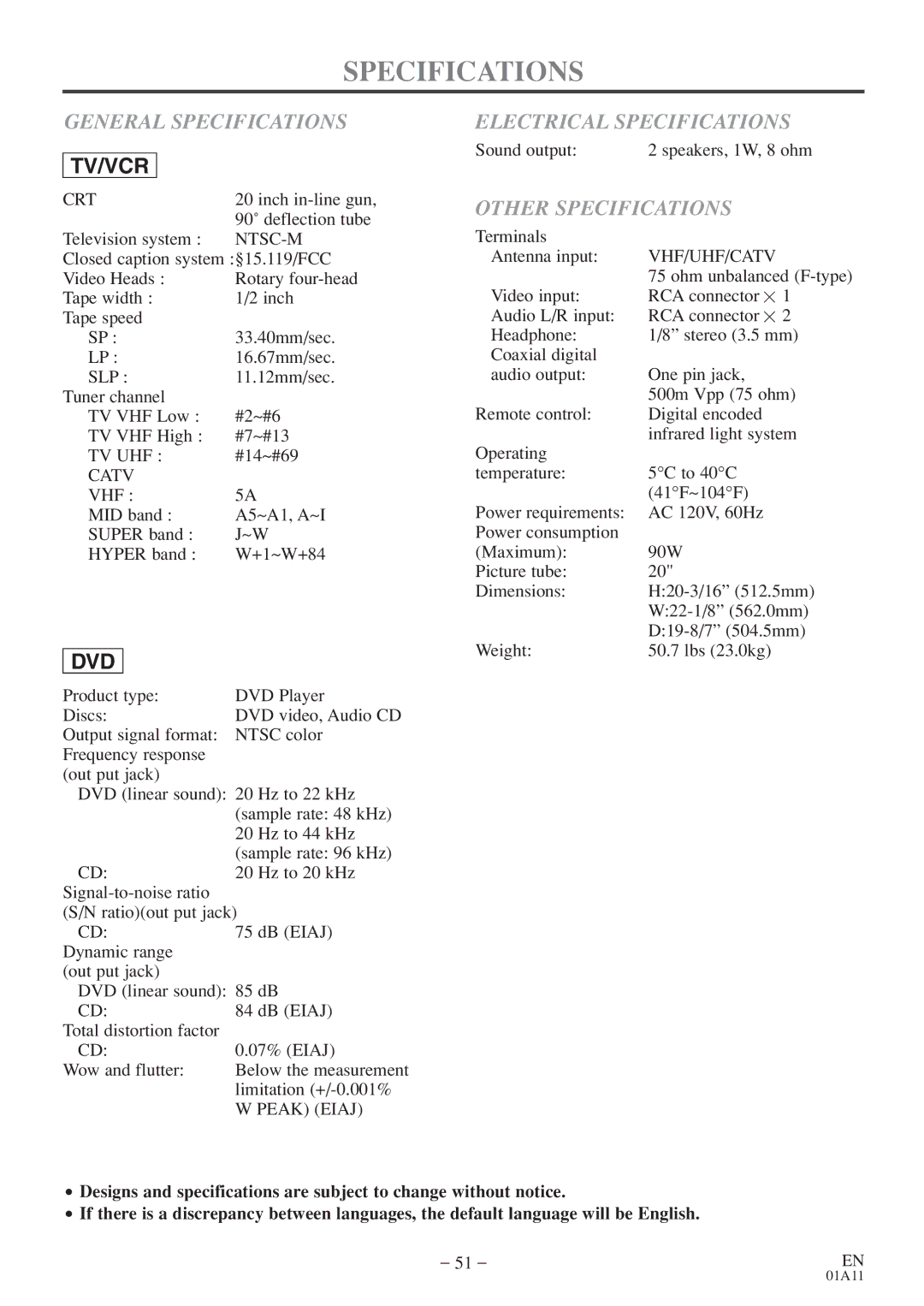 Sylvania 6720FDE owner manual General Specifications, Electrical Specifications, Other Specifications 