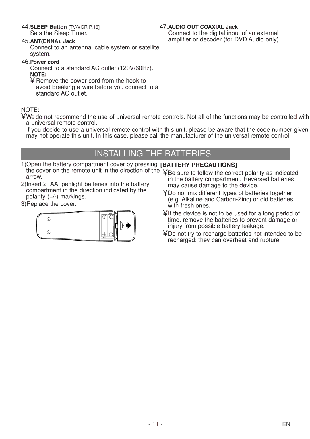 Sylvania 6720FDF owner manual Installing the Batteries, Battery Precautions 