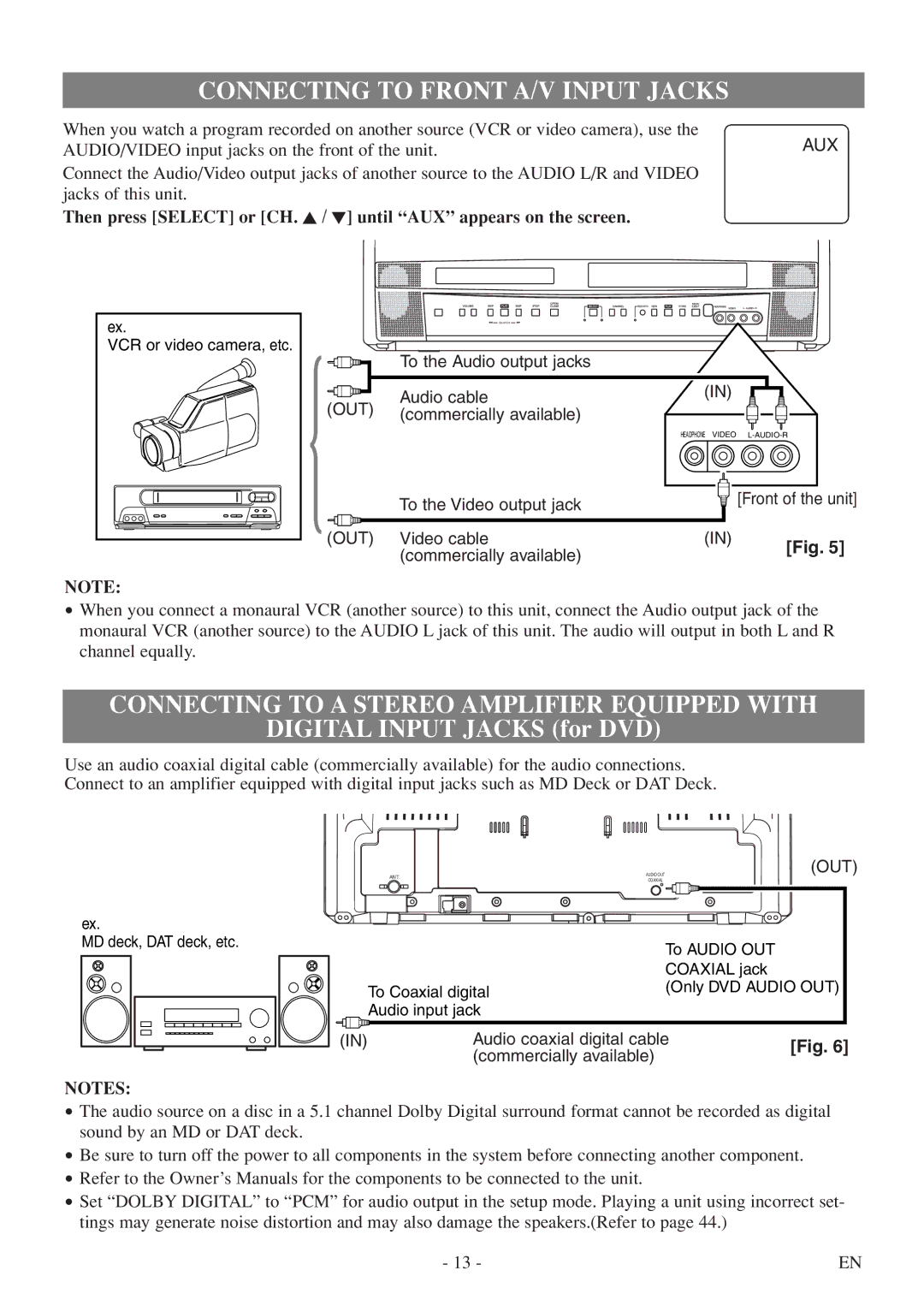 Sylvania 6720FDF owner manual Connecting to Front A/V Input Jacks, Connecting to a Stereo Amplifier Equipped with 