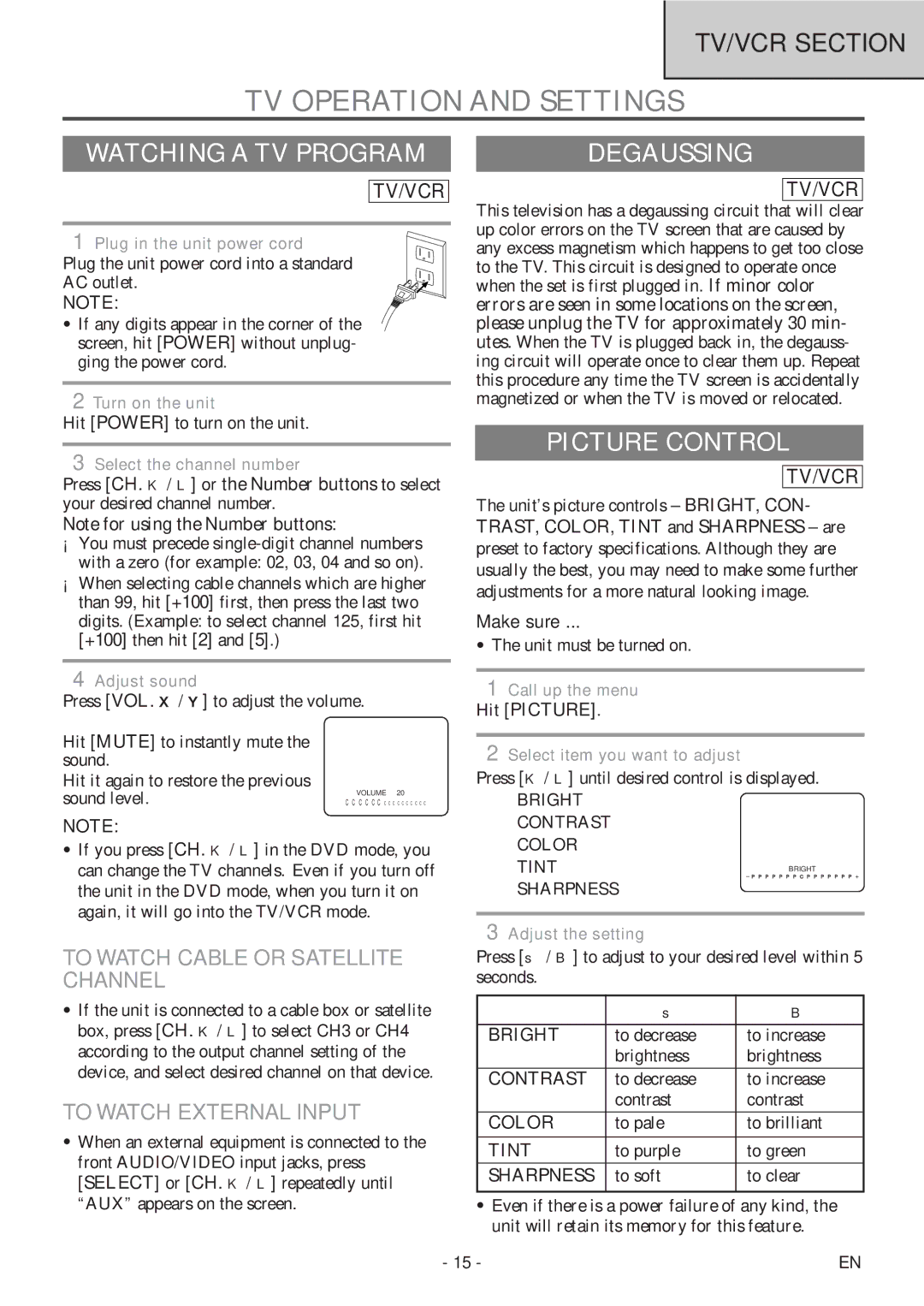 Sylvania 6720FDF owner manual TV Operation and Settings, Watching a TV Program, Degaussing, Picture Control 