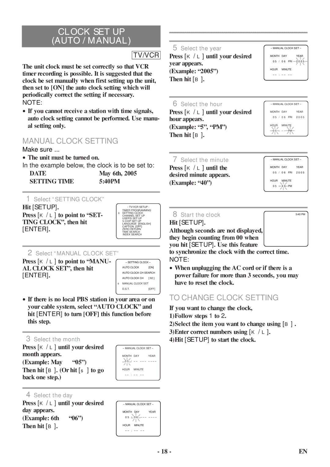 Sylvania 6720FDF owner manual Clock SET UP Auto / Manual, Manual Clock Setting, To Change Clock Setting, Date, Setting Time 