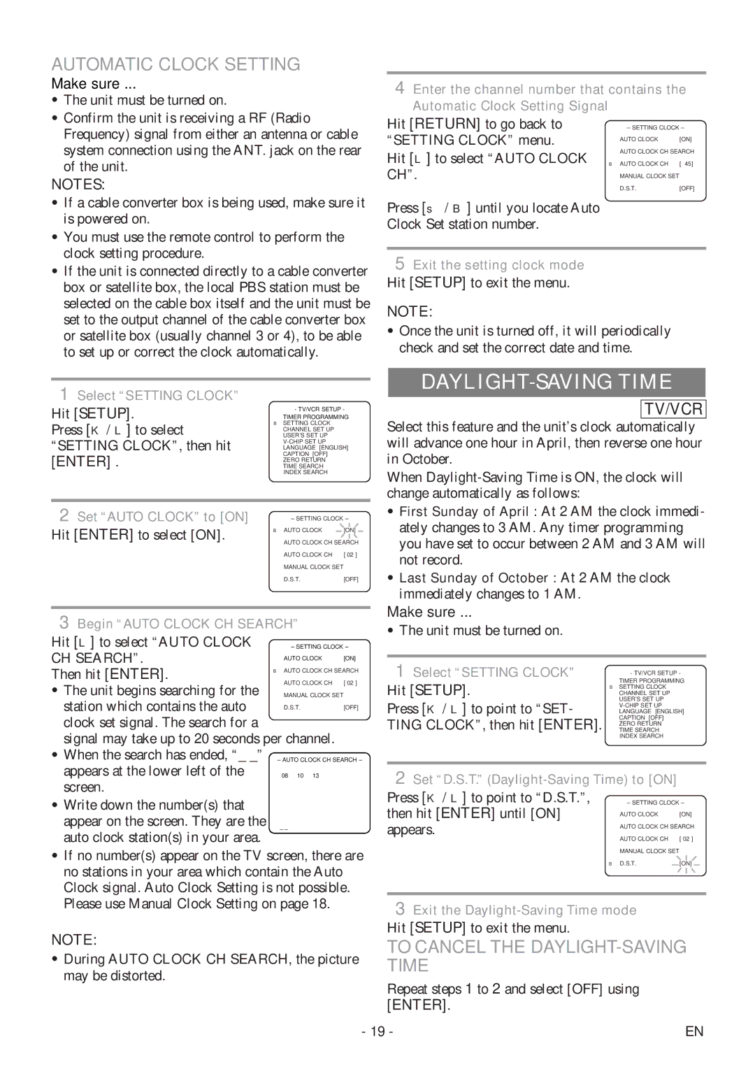 Sylvania 6720FDF owner manual DAYLIGHT-SAVING Time, Automatic Clock Setting, To Cancel the DAYLIGHT-SAVING, CH Search 