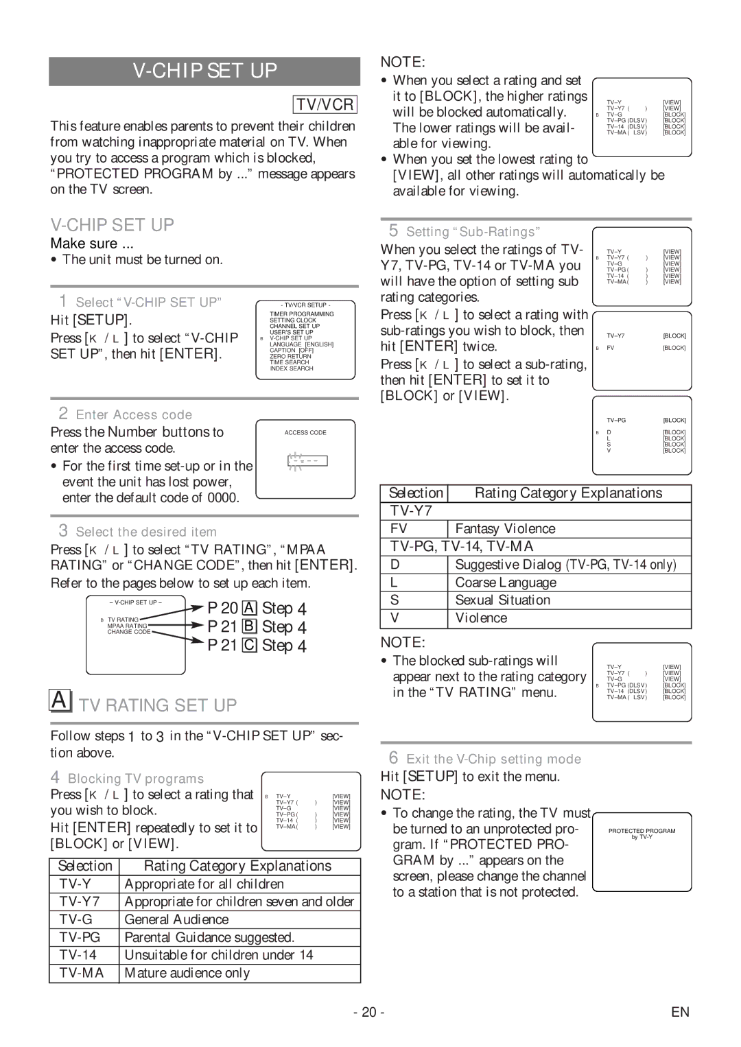 Sylvania 6720FDF owner manual Chip SET UP, TV Rating SET UP, TV-Y7, TV-PG, TV-14, TV-MA 