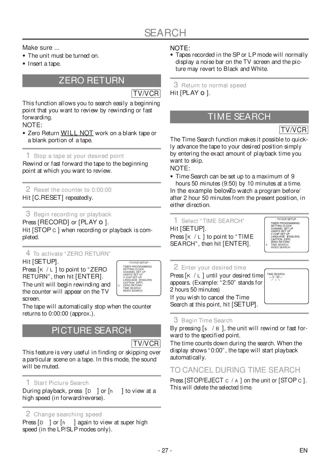 Sylvania 6720FDF owner manual Zero Return, Picture Search, To Cancel During Time Search 