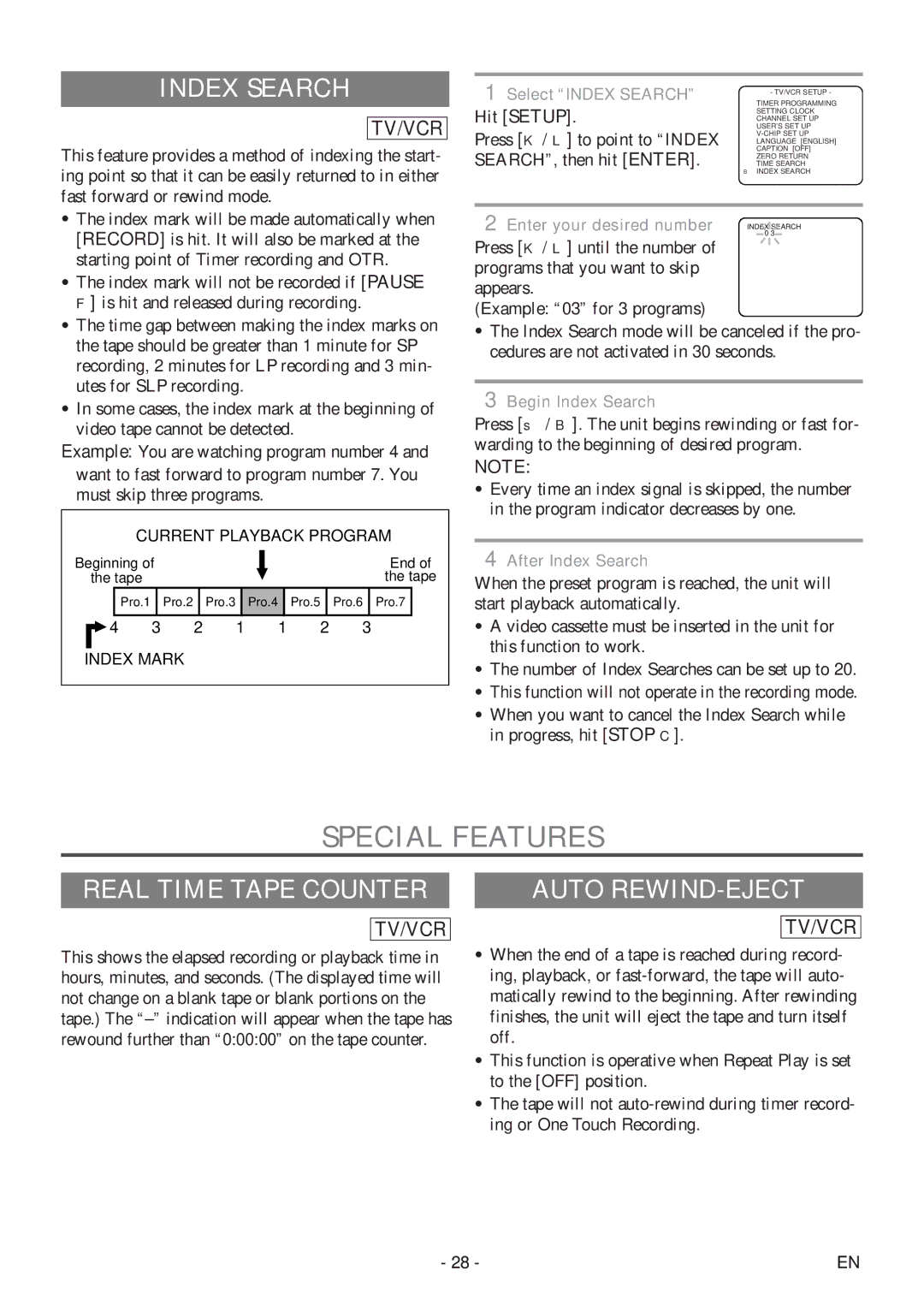 Sylvania 6720FDF owner manual Special Features, Index Search, Real Time Tape Counter, Auto REWIND-EJECT 