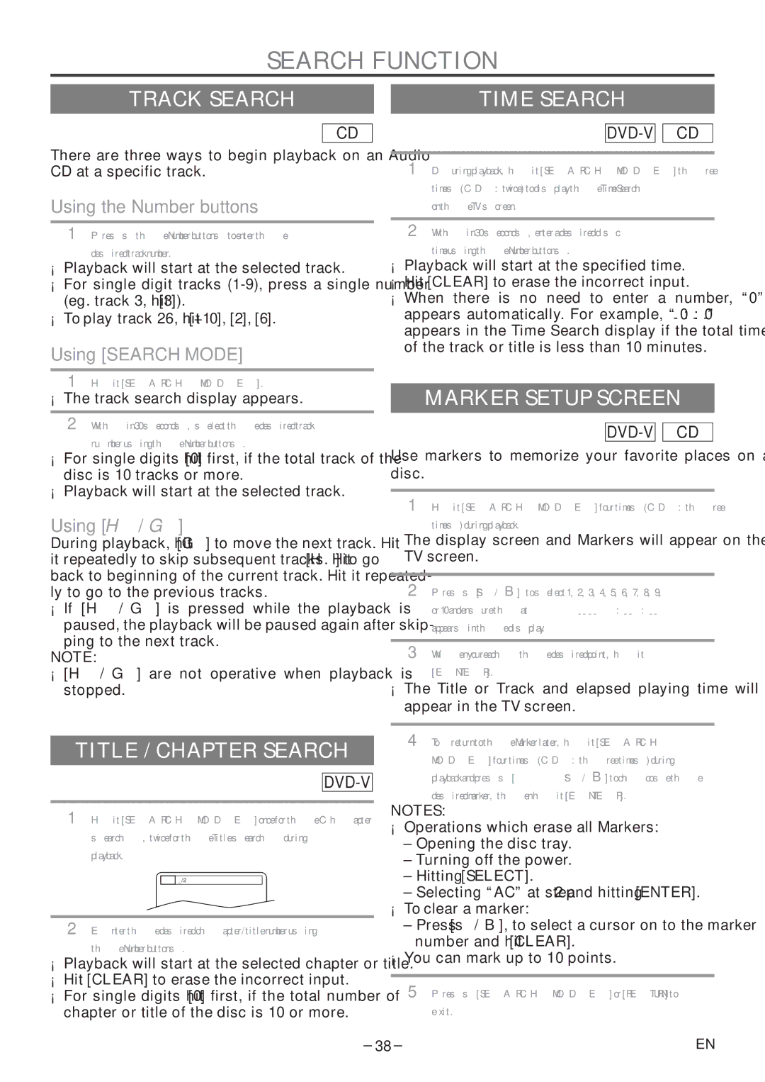 Sylvania 6720FDF owner manual Search Function, Track Search Time Search, Title / Chapter Search, Marker Setup Screen 