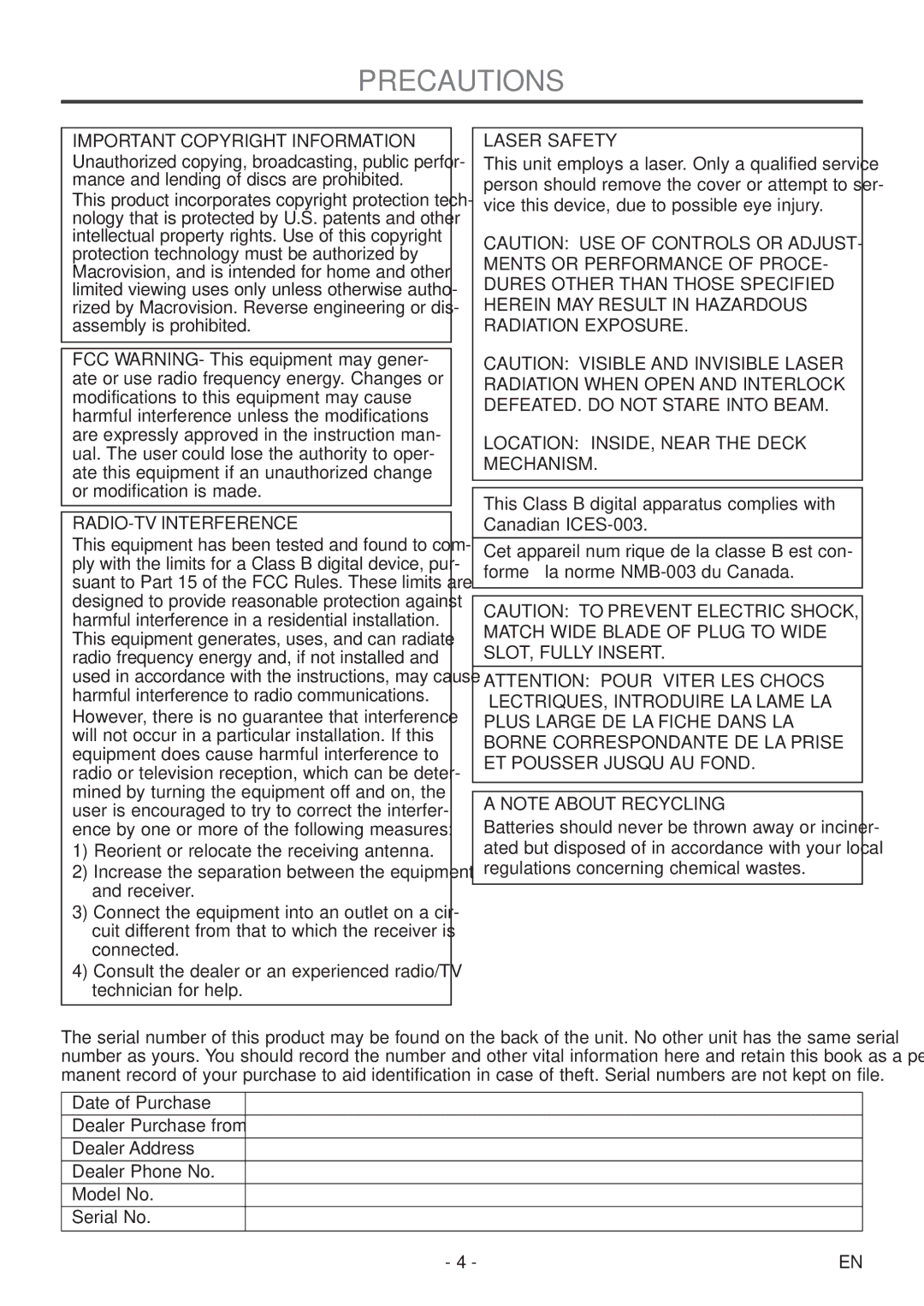 Sylvania 6720FDF owner manual Precautions, Important Copyright Information, RADIO-TV Interference, Laser Safety 