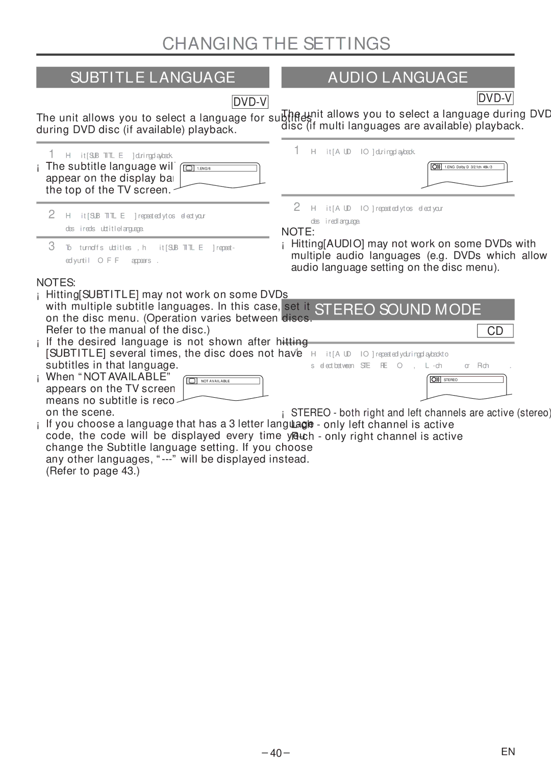 Sylvania 6720FDF owner manual Changing the Settings, Subtitle Language, Audio Language, Stereo Sound Mode 