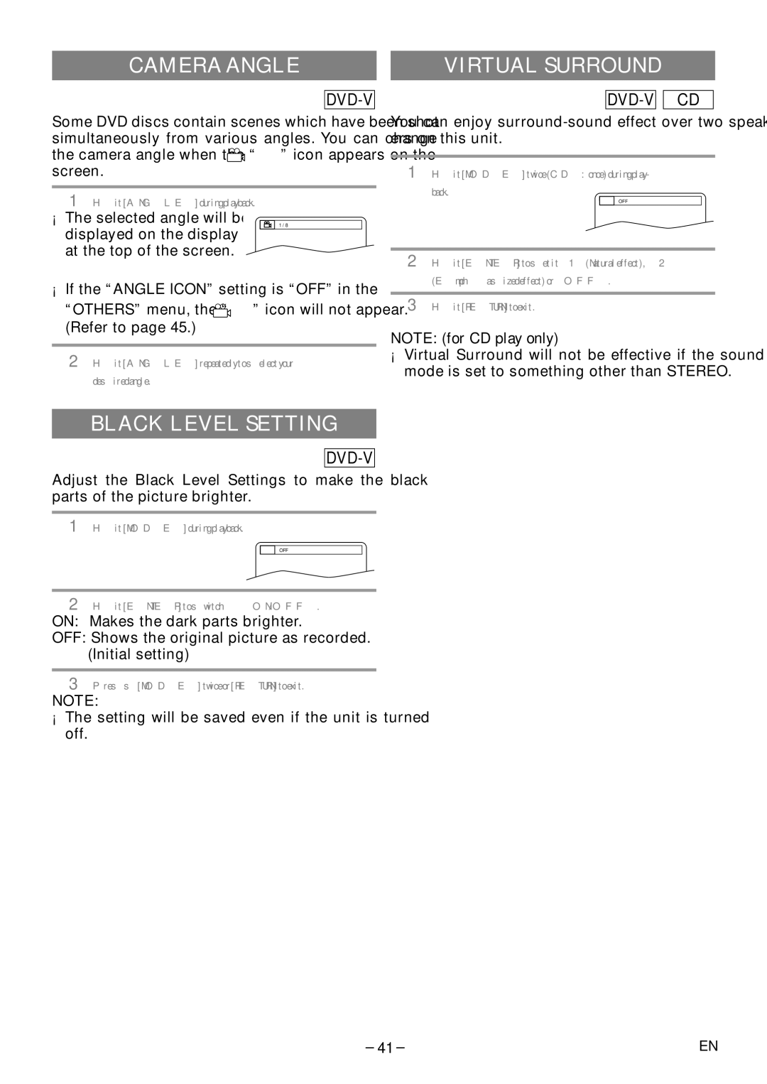 Sylvania 6720FDF owner manual Camera Angle, Virtual Surround, Black Level Setting 