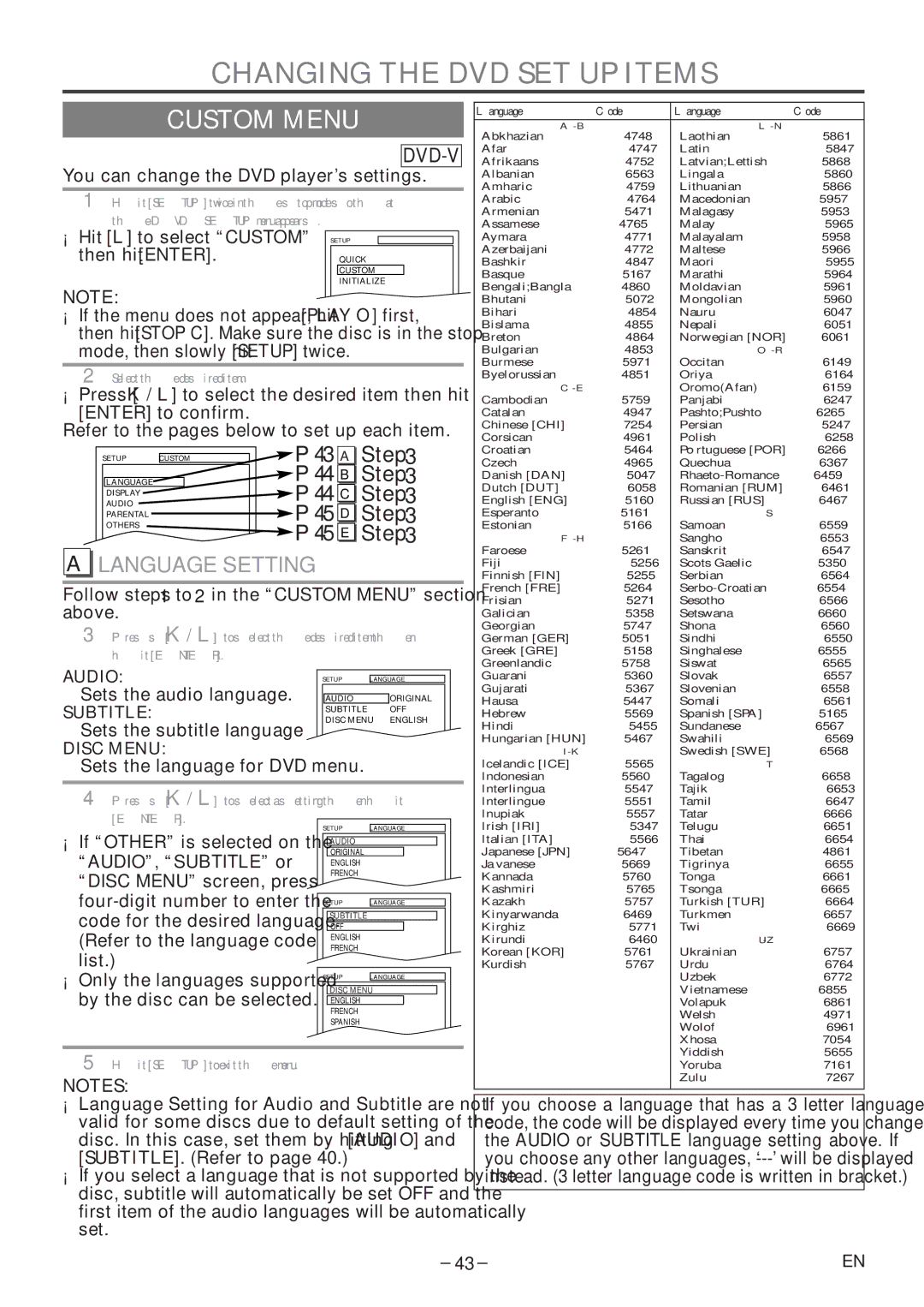 Sylvania 6720FDF owner manual Changing the DVD SET UP Items, Custom Menu, Language Setting 