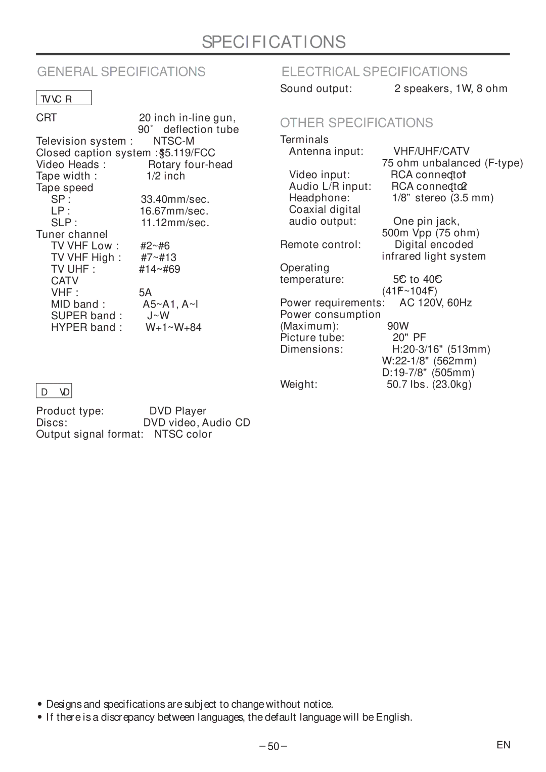 Sylvania 6720FDF owner manual General Specifications, Electrical Specifications, Other Specifications 