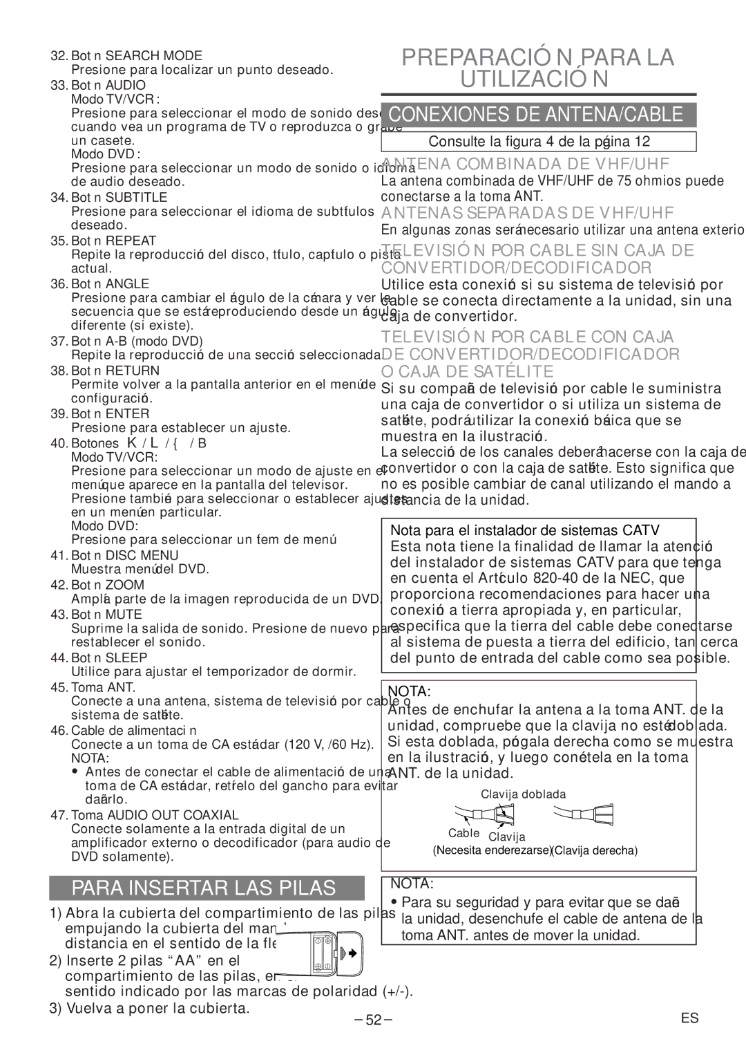 Sylvania 6720FDF owner manual Preparación Para LA Utilización, Conexiones DE ANTENA/CABLE, Para Insertar LAS Pilas 