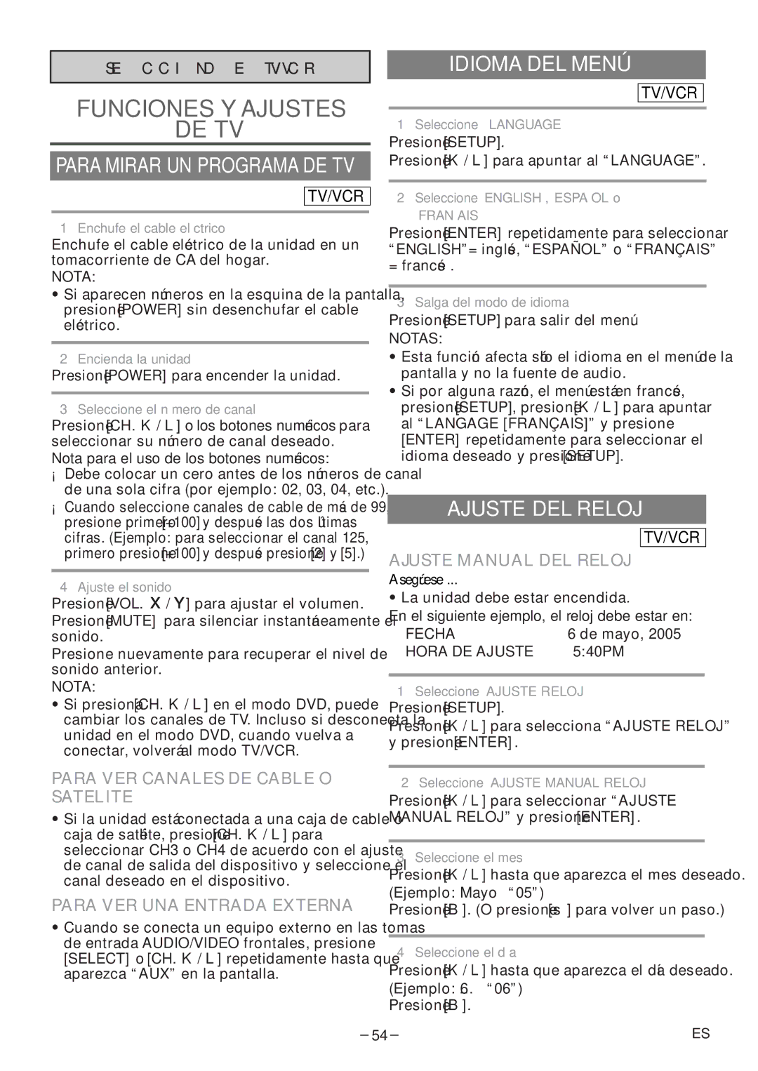 Sylvania 6720FDF owner manual Funciones Y Ajustes DE TV, Idioma DEL Menú, Ajuste DEL Reloj 