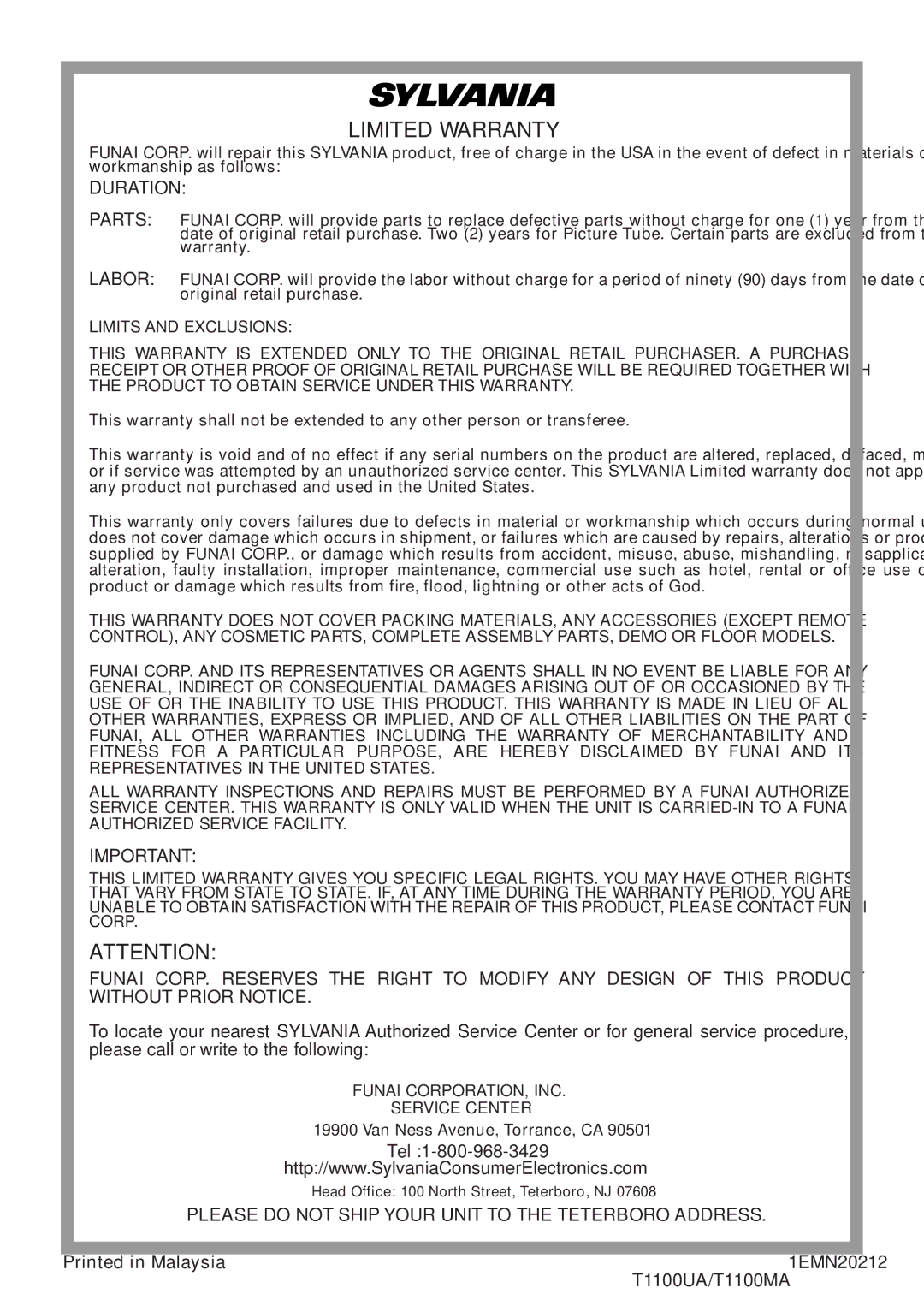 Sylvania 6720FDF owner manual Duration, Tel, Please do not Ship Your Unit to the Teterboro Address 