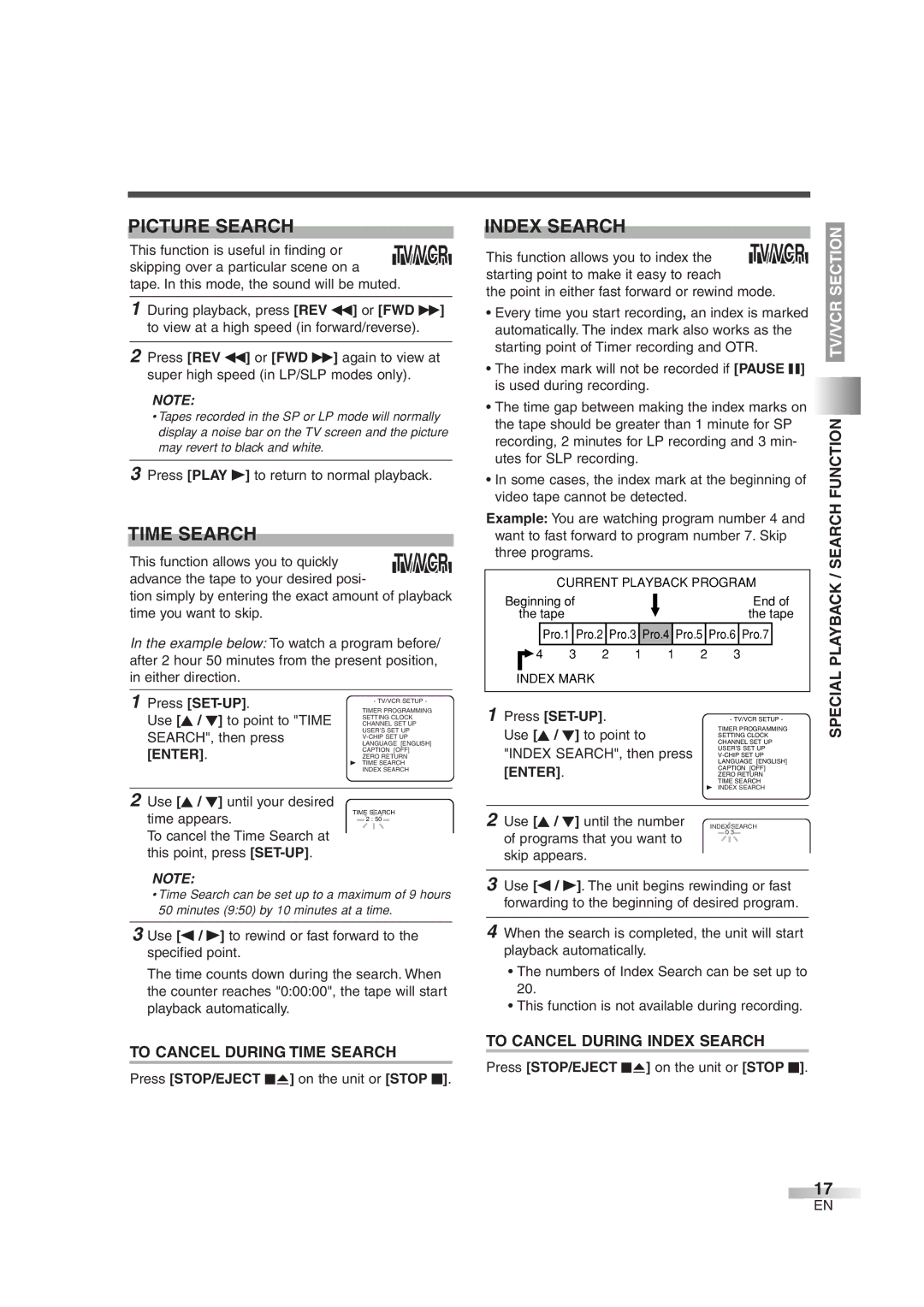 Sylvania 6720FDG owner manual Picture Search, Time Search, Index Search 