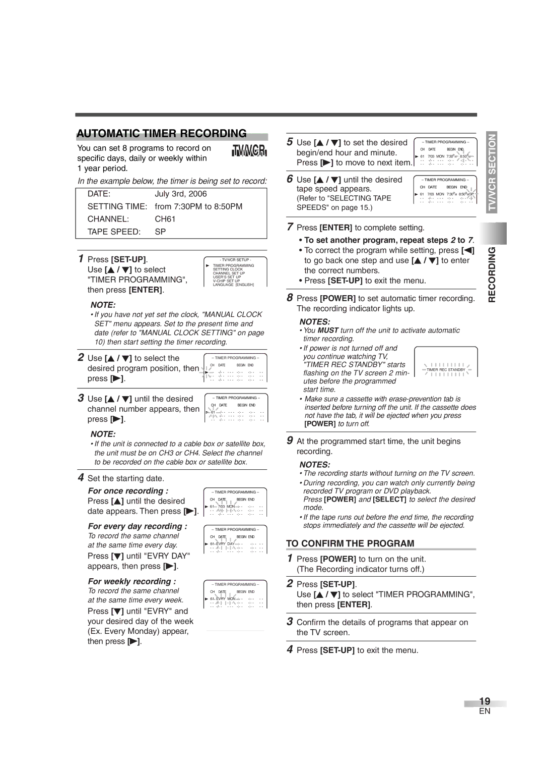 Sylvania 6720FDG owner manual Automatic Timer Recording, To Confirm the Program, To set another program, repeat steps 2 to 