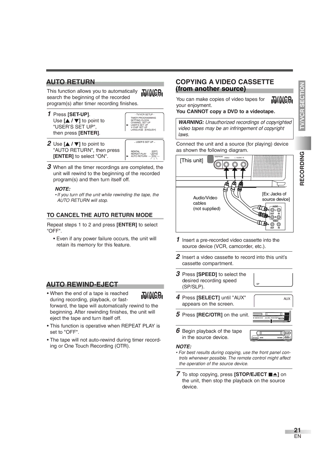 Sylvania 6720FDG owner manual Auto REWIND-EJECT, Copying a Video Cassette, To Cancel the Auto Return Mode 