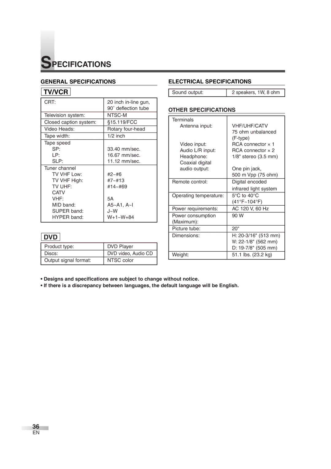 Sylvania 6720FDG owner manual Specifications, Tv/Vcr, Dvd 