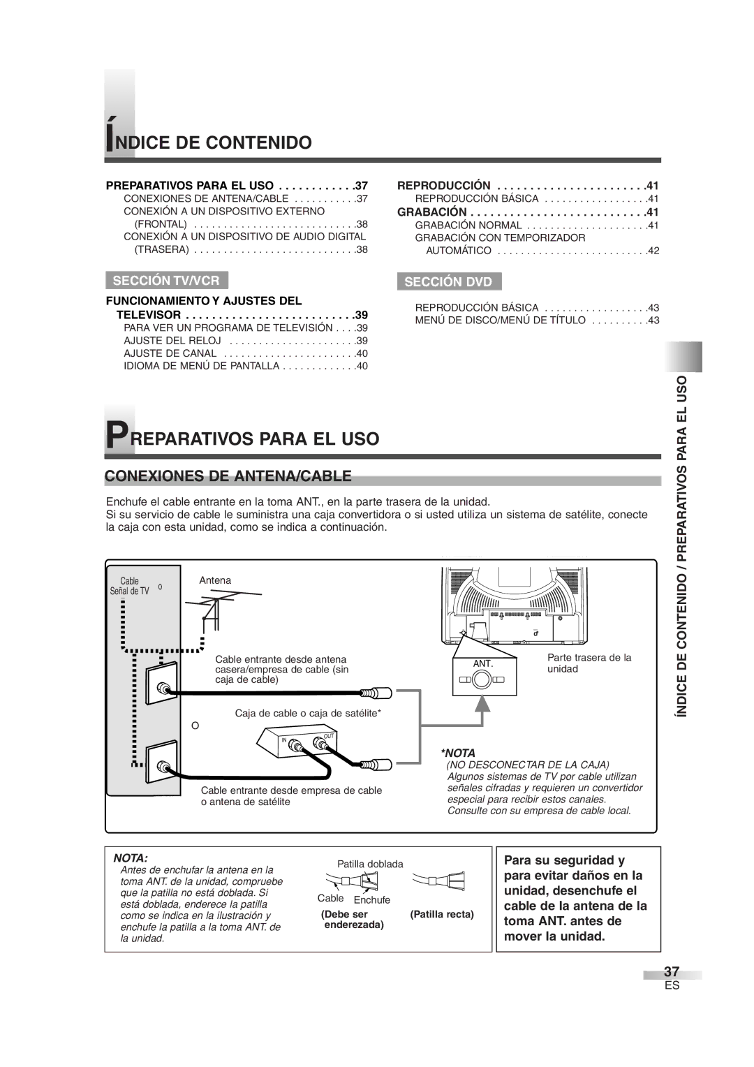 Sylvania 6720FDG owner manual Índice DE Contenido, Preparativos Para EL USO, Conexiones DE ANTENA/CABLE 