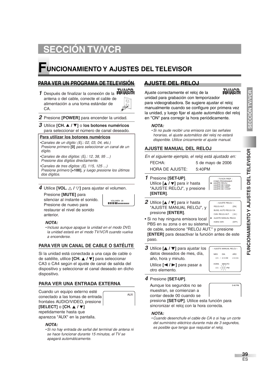 Sylvania 6720FDG owner manual Funcionamiento Y Ajustes DEL Televisor, Ajuste DEL Reloj 