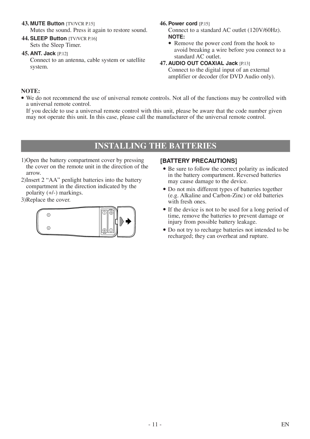 Sylvania 6724DF Installing the Batteries, Mutes the sound. Press it again to restore sound, Sets the Sleep Timer 